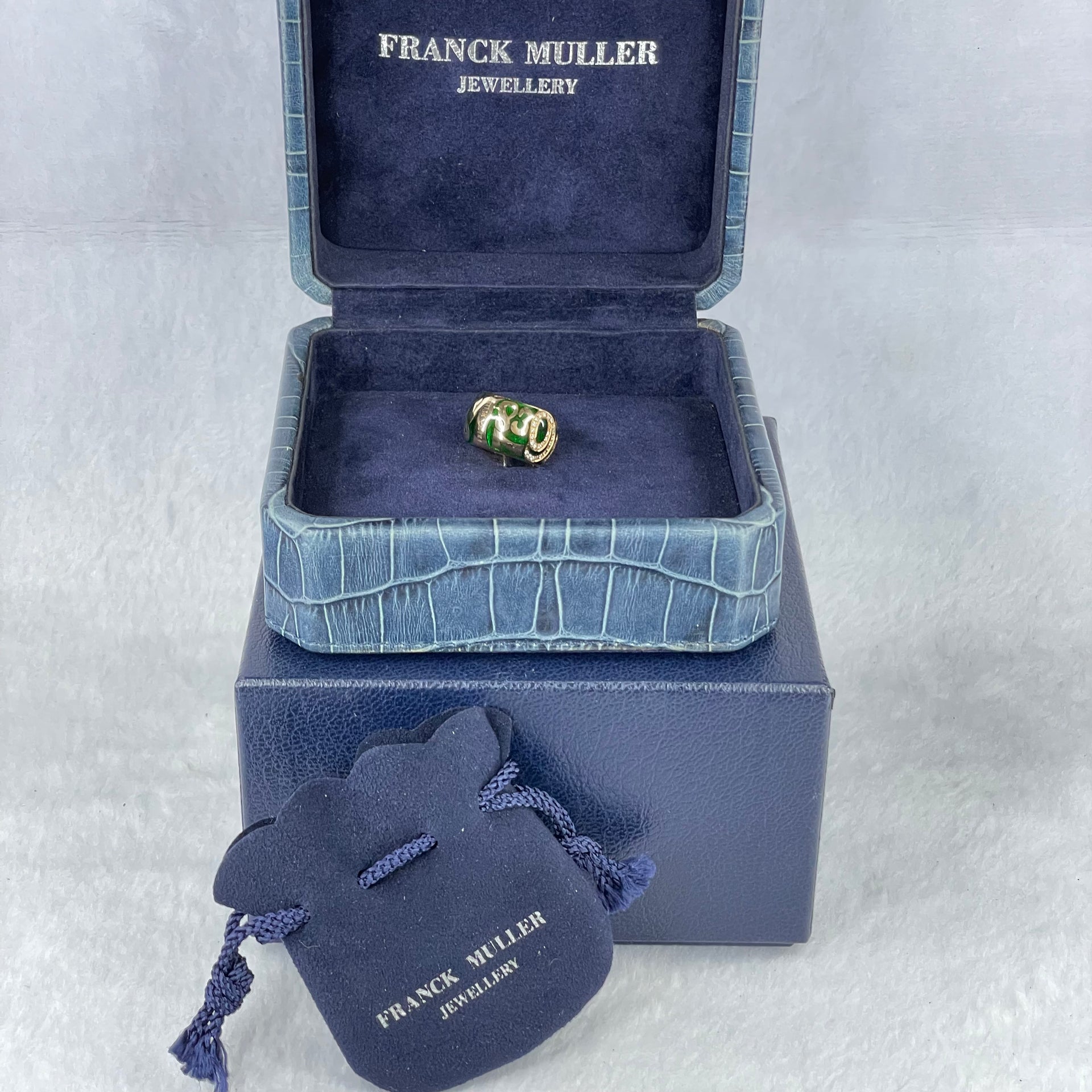 (PRE_LOVE) Rare Authentic Certified Franck Muller 18K Rose Gold Green Enamel Talisman Large with 55 Diamonds Total 0.38 cts Ring Model ET-RL02/G #10 Size 9 HK10 US4.75 Metal 5N Dated 24 Dec 2005 - Huangs Jadeite and Jewelry Pte Ltd