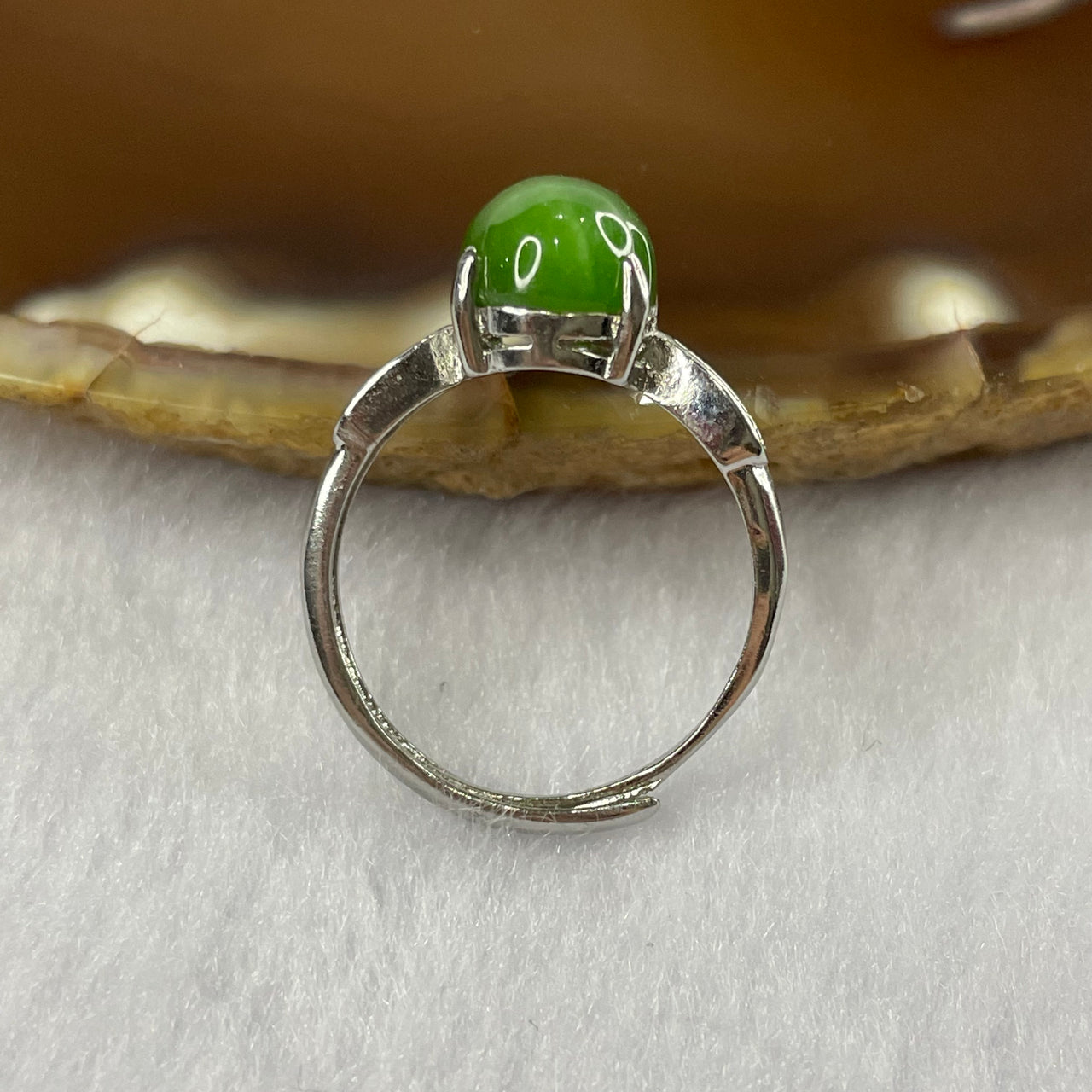 Natural Green Nephrite 925 Silver Ring Size Adjustable - 2.25g 9.8 by 8.0 by 5.7 mm - Huangs Jadeite and Jewelry Pte Ltd