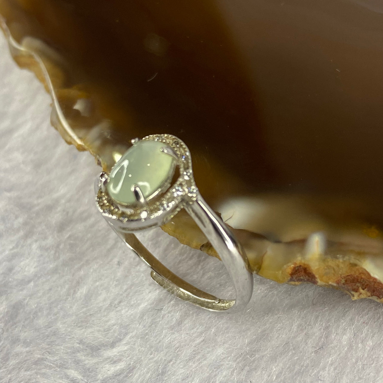 Type A Faint Icy Green Jadeite 7.1 by 5.5 by 2.2mm in 925 silver Ring 1.83g - Huangs Jadeite and Jewelry Pte Ltd