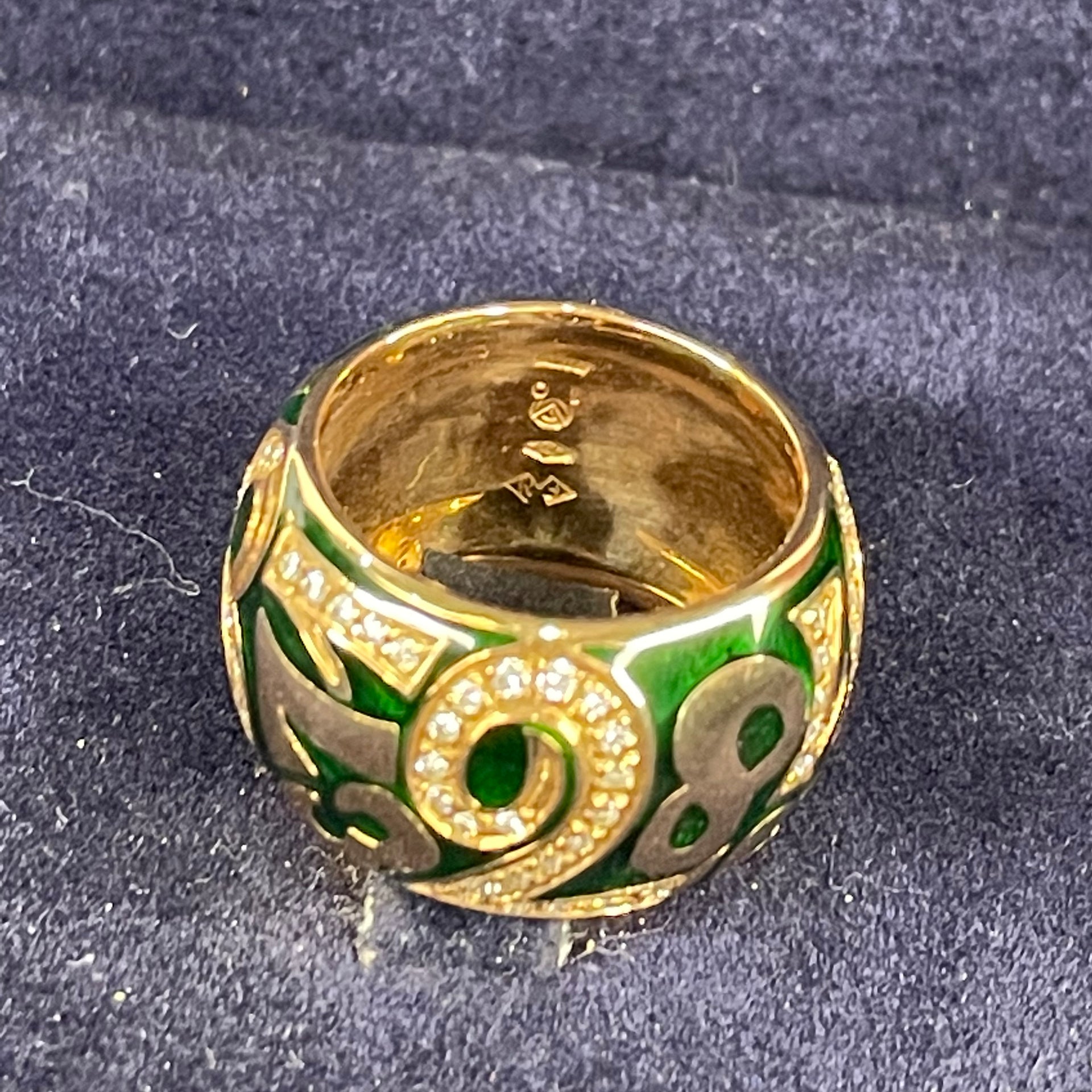 (PRE_LOVE) Rare Authentic Certified Franck Muller 18K Rose Gold Green Enamel Talisman Large with 55 Diamonds Total 0.38 cts Ring Model ET-RL02/G #10 Size 9 HK10 US4.75 Metal 5N Dated 24 Dec 2005 - Huangs Jadeite and Jewelry Pte Ltd