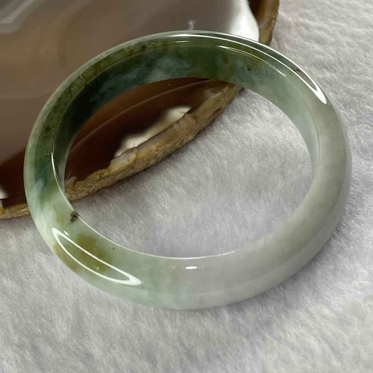 Type A Two Tone Green Jade Jadeite Bangle 52.91g inner Dia 56.1mm 12.4 by 7.6mm (Slight External Rough) - Huangs Jadeite and Jewelry Pte Ltd