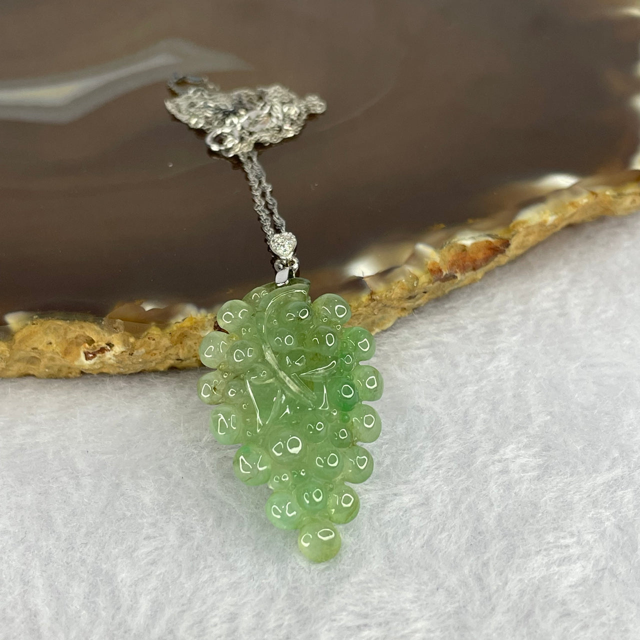 Semi Icy Type A Green Jadeite Grapes 34.2 by 21.2 by 6.6mm with 925 silver clasp and necklace 5.94g - Huangs Jadeite and Jewelry Pte Ltd