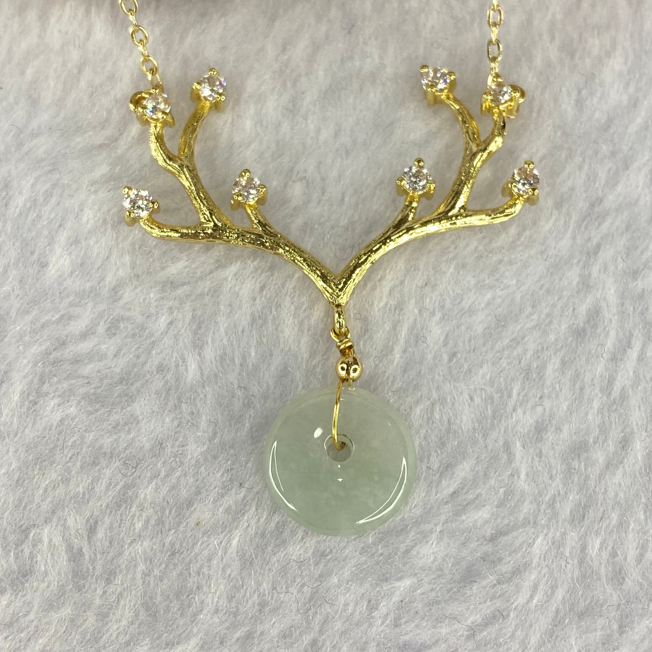 14KGF Necklace with Type A Semi Icy Faint Green Ping An Kou 12.6 by 3.1mm 4.69g - Huangs Jadeite and Jewelry Pte Ltd