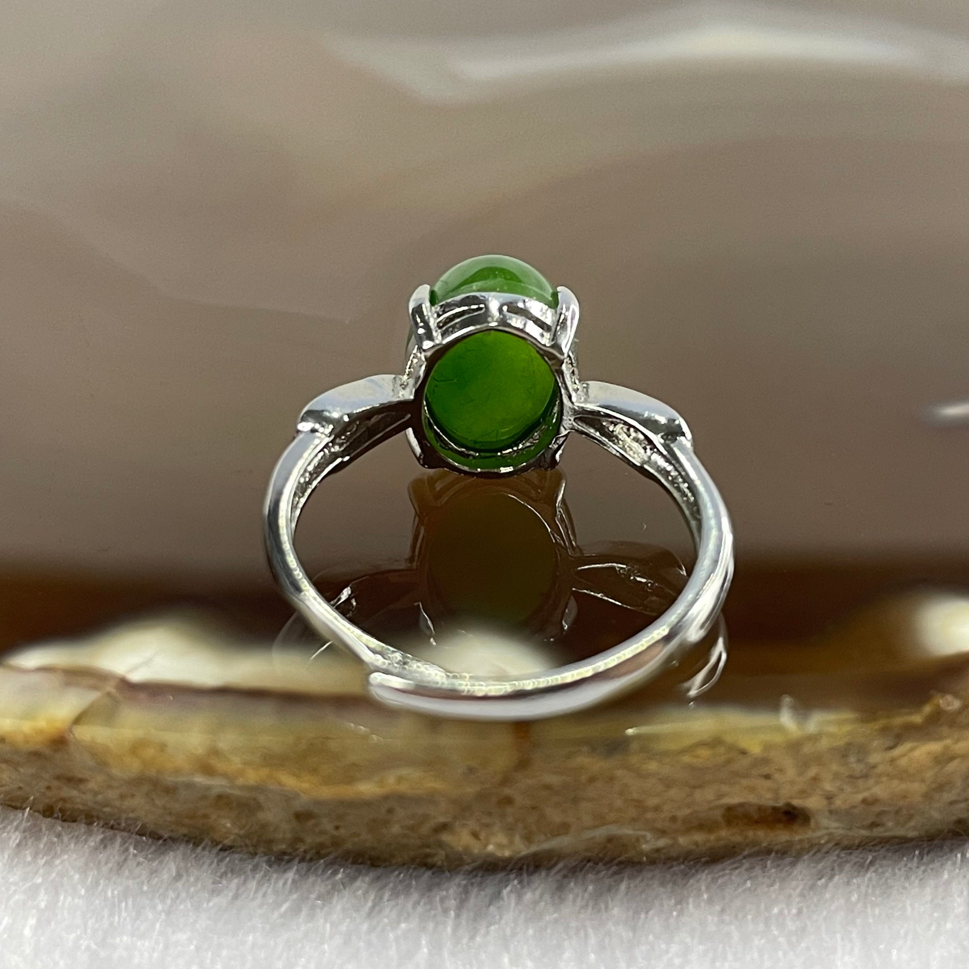 Natural Green Nephrite 925 Silver Ring Size Adjustable - 2.25g 9.8 by 8.0 by 5.7 mm - Huangs Jadeite and Jewelry Pte Ltd