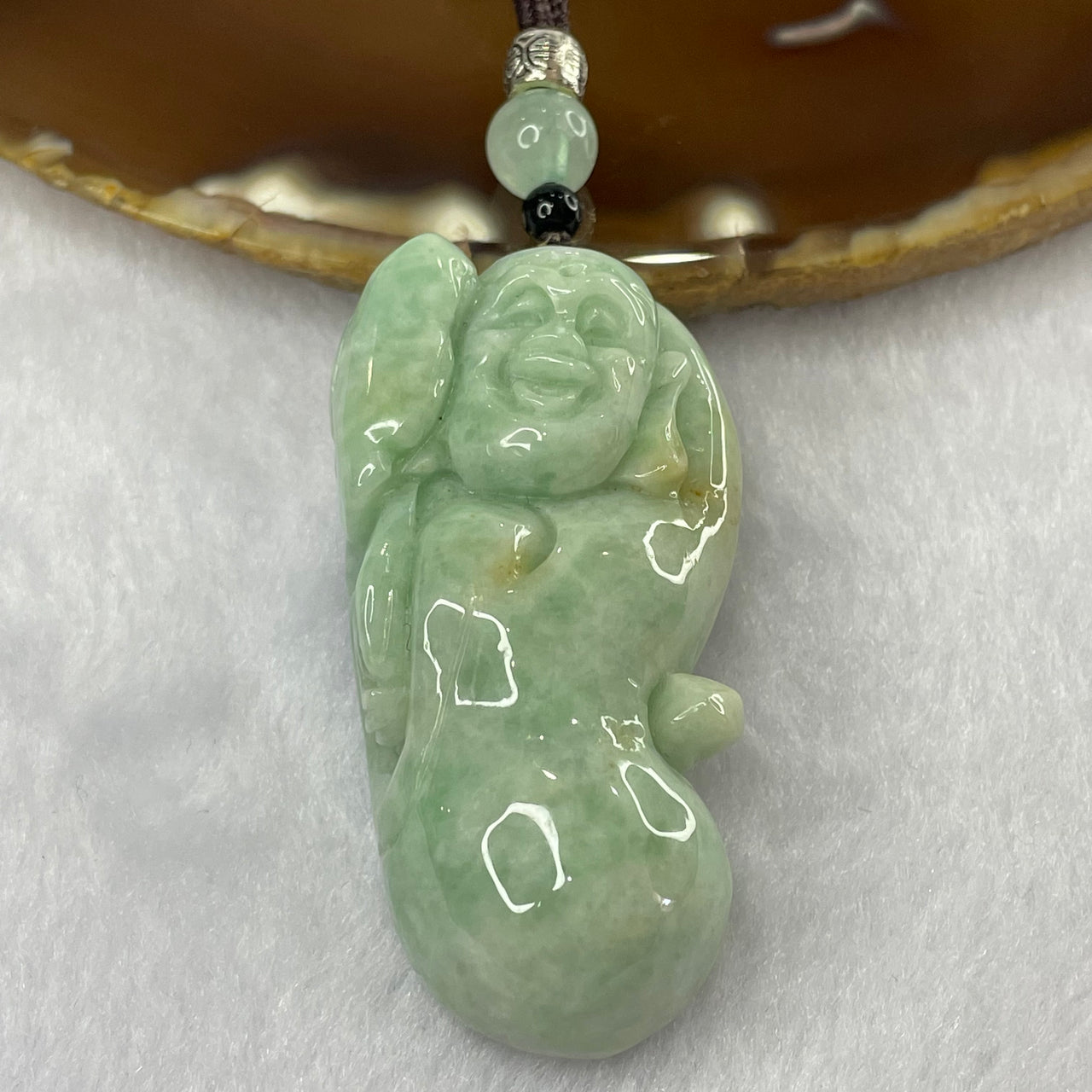 Type A Light Apple Green and Yellow Jade Jadeite Milo Buddha Pendant - 53.29g 54.6 by 28.0 by 17.7mm - Huangs Jadeite and Jewelry Pte Ltd