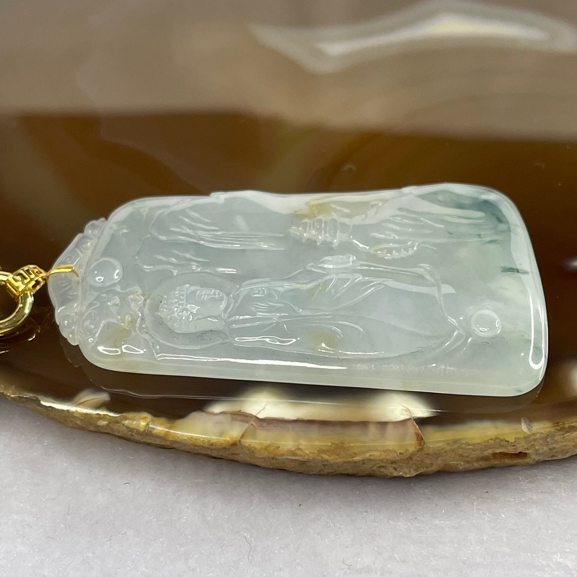 Grand Master Natural Semi Icy Green Piao Hua and Yellow Jade Jadeite Buddha Pendant with 18K Gold Clasp - 18.44g 54.5 by 34.2 by 4.5 mm - Huangs Jadeite and Jewelry Pte Ltd