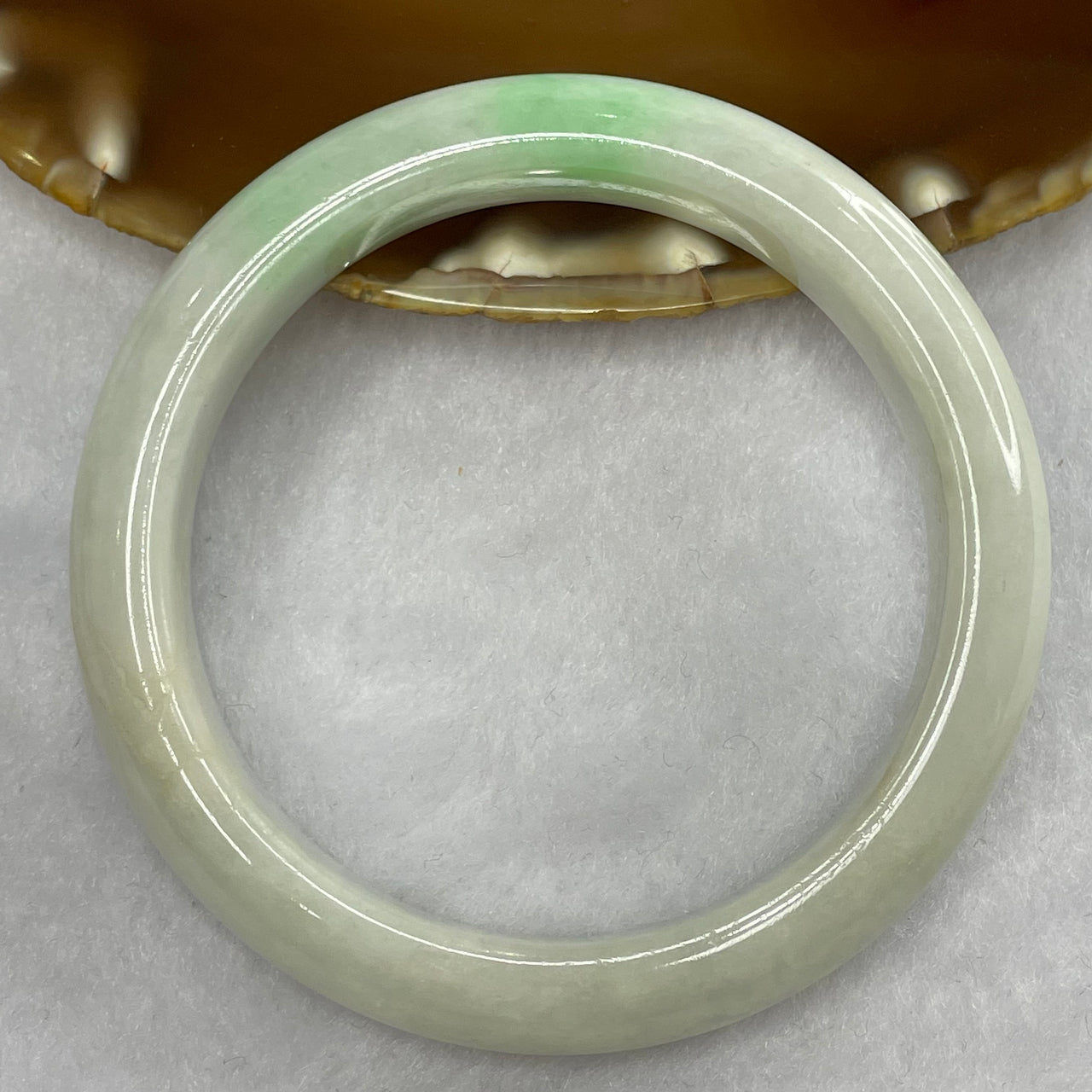 Type A Light Green with Spicy Green Patches Jade Jadeite Bangle 52.23g inner Dia 55.7mm 12.3 by 8.5mm (External Line) - Huangs Jadeite and Jewelry Pte Ltd