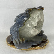 Natural Blue Purple Brown and White Agate 3 Legged Toad on Prosperity Ruyi Display 2045.0g 160.0 by 111.6g by 126.9g - Huangs Jadeite and Jewelry Pte Ltd