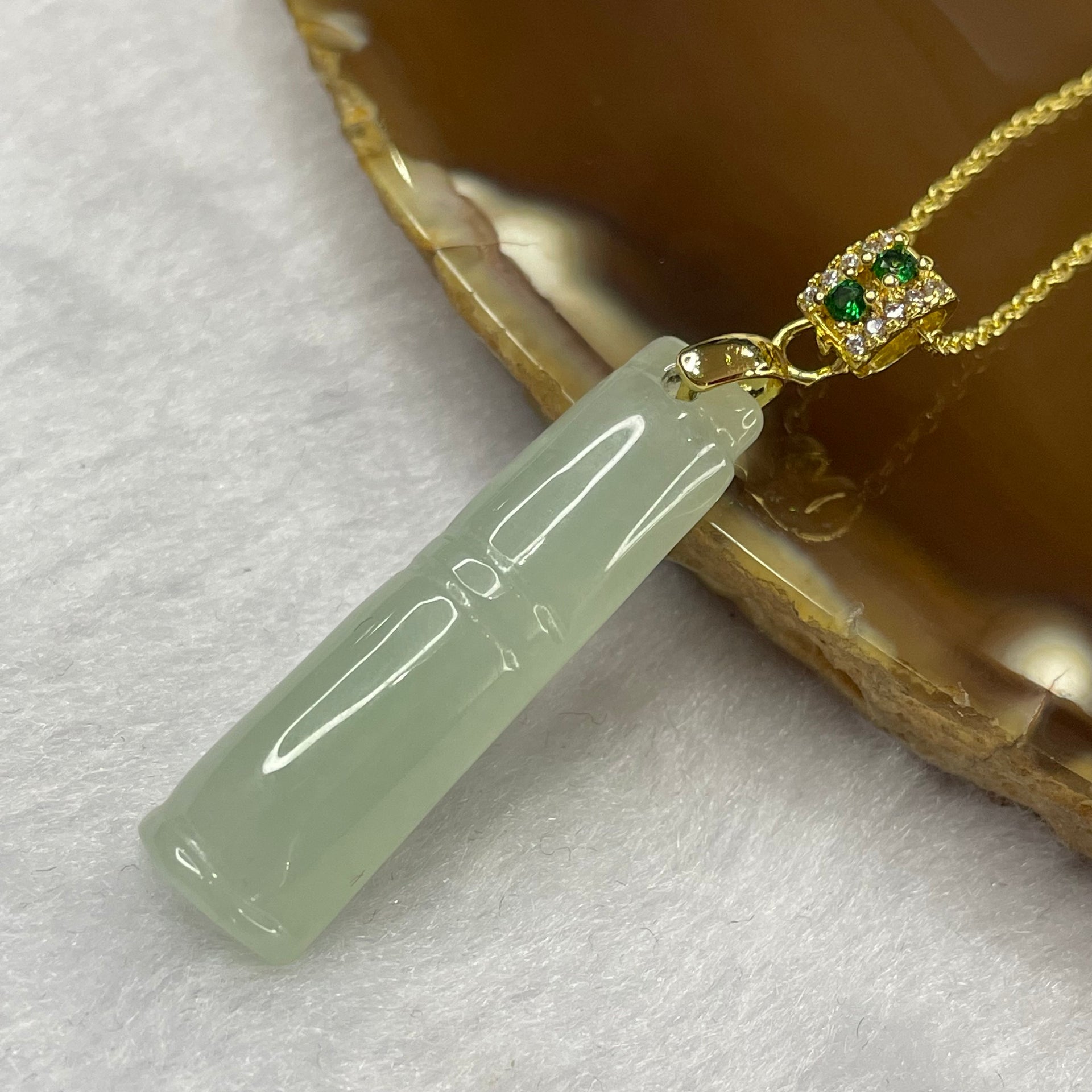 Type A Semi Icy Green Jade Jadeite Bamboo Pendant - 4.72g 34.2 by 9.2 by 6.2mm - Huangs Jadeite and Jewelry Pte Ltd