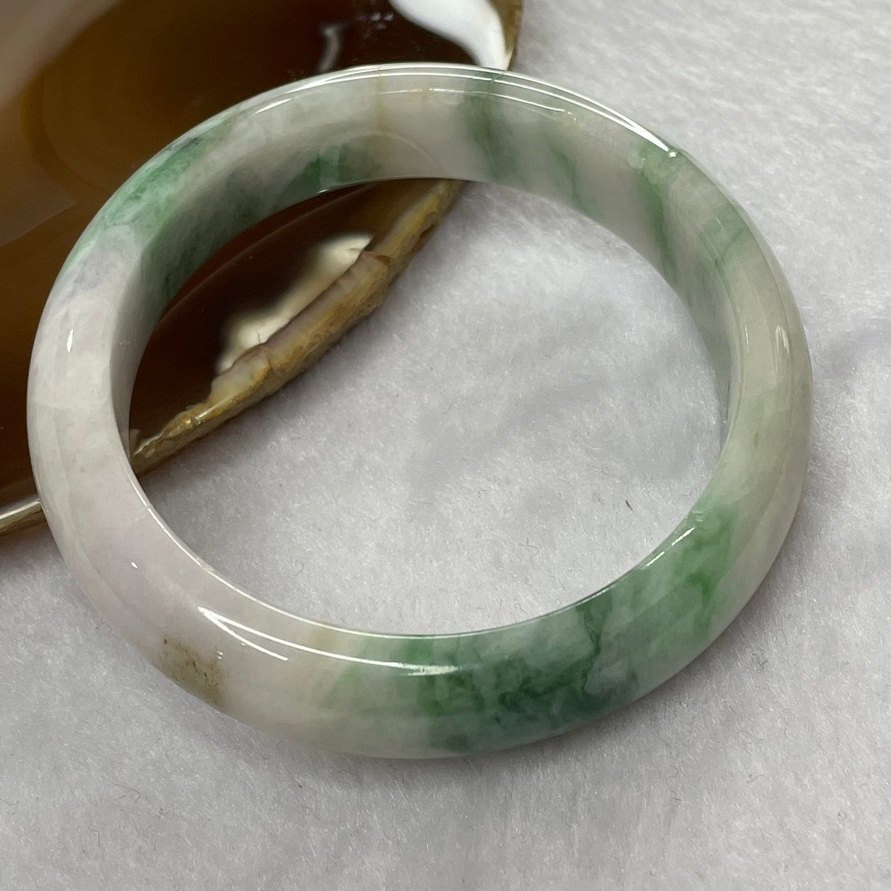 Type A Faint Lavender with Spicy Green and Yellow Patches Jade Jadeite Bangle 67.36g inner Dia 58.6mm 14.5 by 8.0mm (External Line) - Huangs Jadeite and Jewelry Pte Ltd