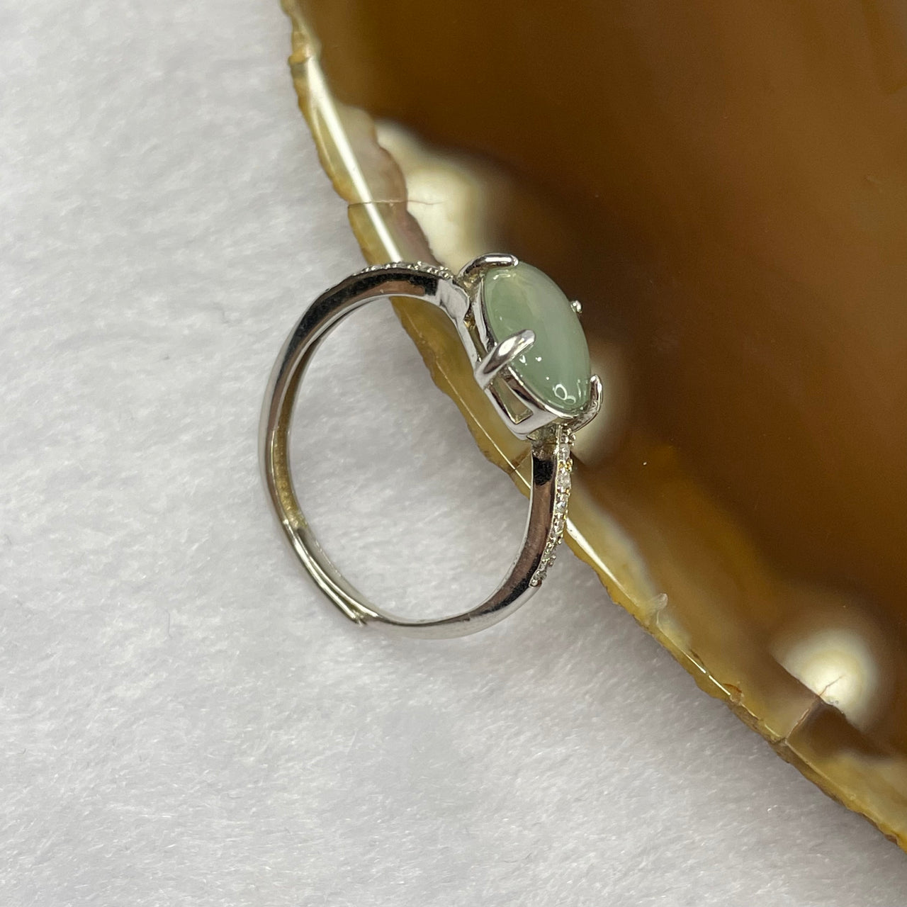 Type A Icy Green Jade Jadeite 925 Silver Ring Size Adjustable - 1.75g 9.7 by 6.5 by 3.3 mm - Huangs Jadeite and Jewelry Pte Ltd