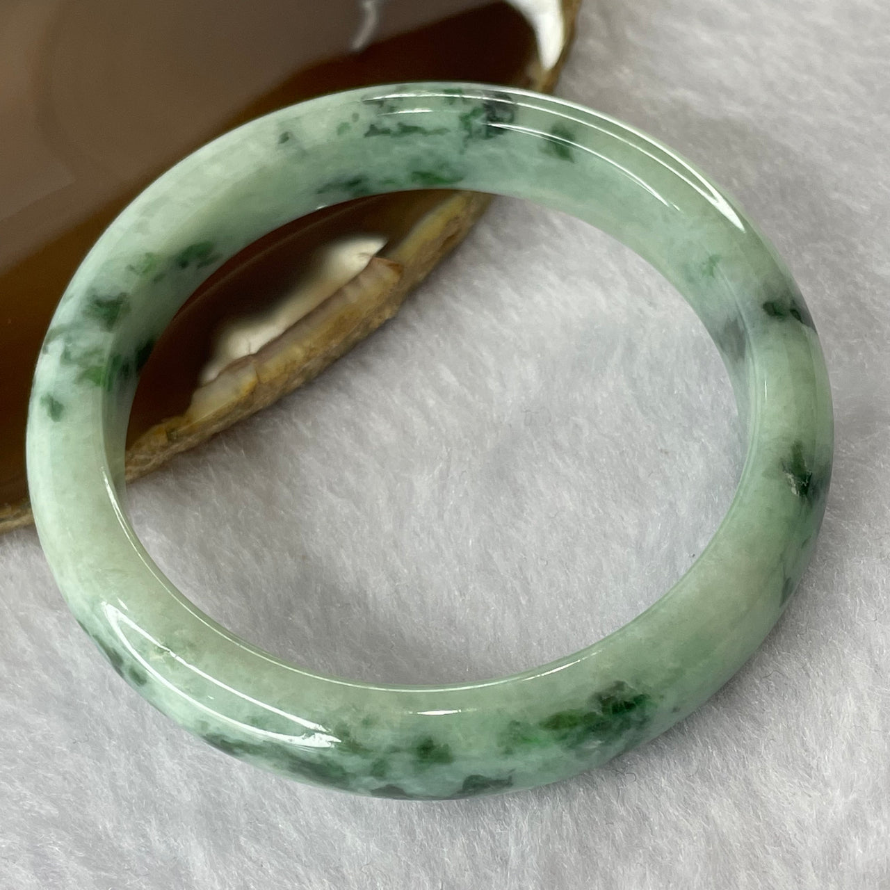 Type A Spicy Green Piao Hua Jade Jadeite Bangle 45.79g inner Dia 54.9mm 12.0 by 7.3mm (External Lines) - Huangs Jadeite and Jewelry Pte Ltd