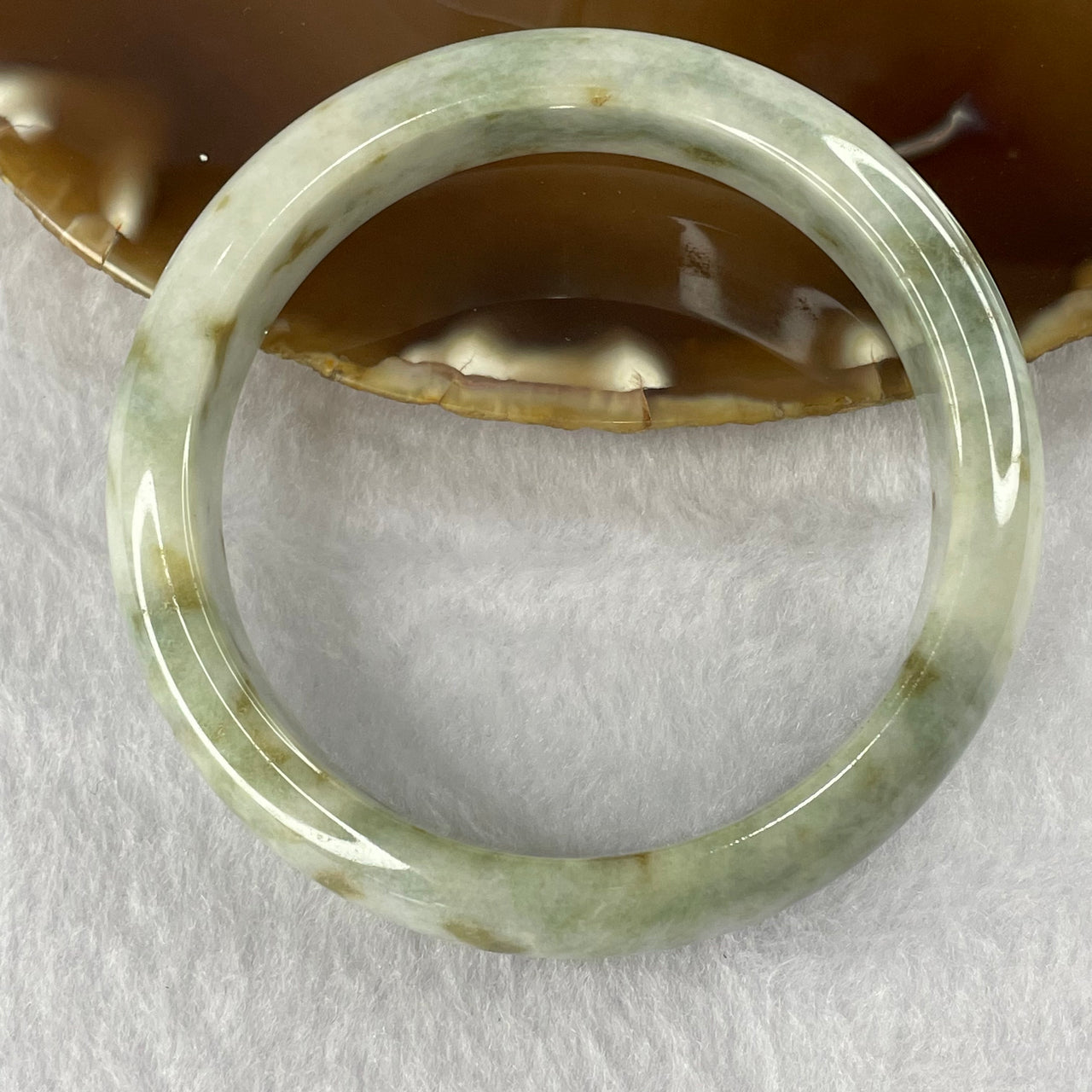 Type A Green with Yellow Patches Jade Jadeite Bangle 65.06g inner Dia 59.5mm 14.7 by 8.1mm (Slight External Rough) - Huangs Jadeite and Jewelry Pte Ltd