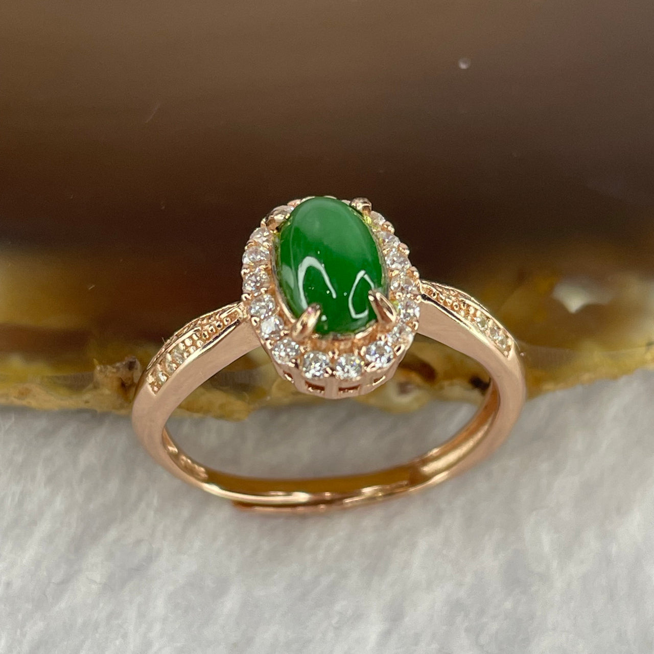 Type A Spicy Green Jadeite in 925 Silver Ring 2.03g stone about 7.8 by 5.0 by 2.1mm Adjustable Size - Huangs Jadeite and Jewelry Pte Ltd