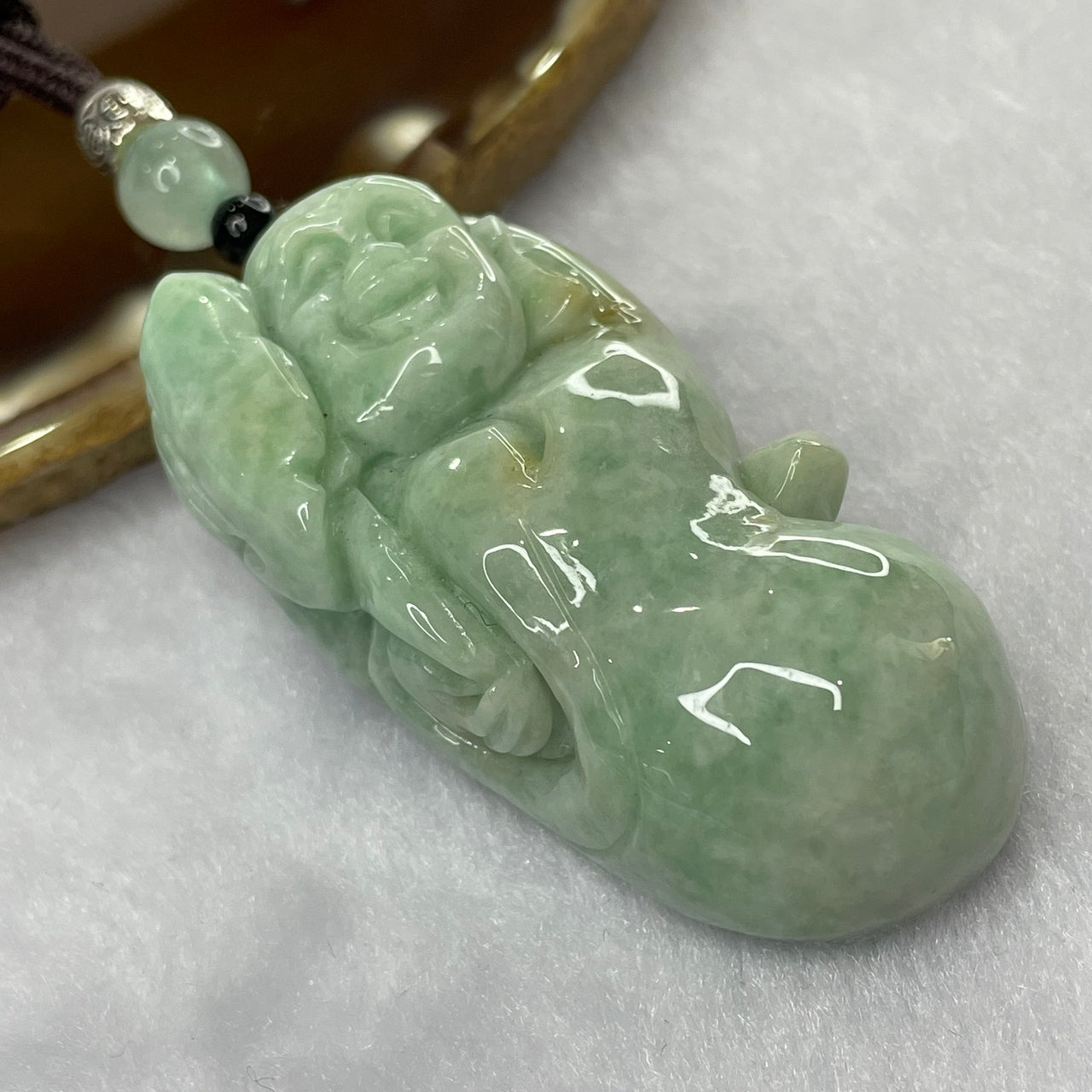 Type A Light Apple Green and Yellow Jade Jadeite Milo Buddha Pendant - 53.29g 54.6 by 28.0 by 17.7mm - Huangs Jadeite and Jewelry Pte Ltd