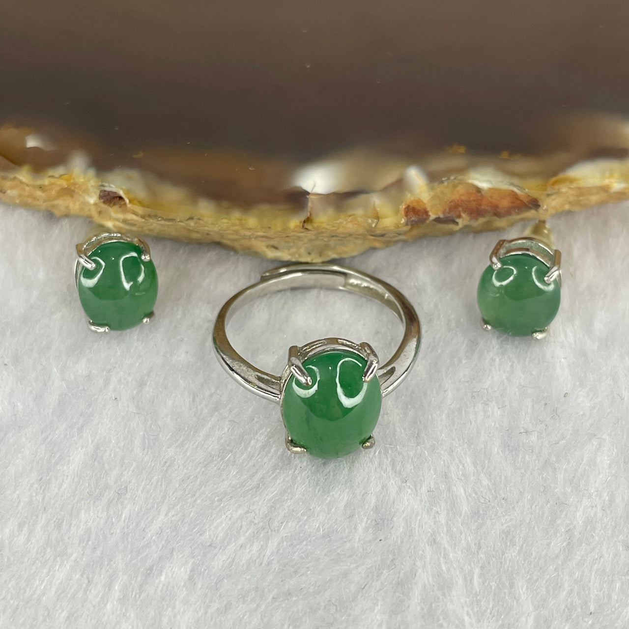 Type A ICY Jelly Medium Green in 925 silver Earrings stone 10.6 by 8.2 by 3.0mm and Ring stone 8.7 by 7.3 by 2.3mm Set Total 4.37g Adjustable Size - Huangs Jadeite and Jewelry Pte Ltd