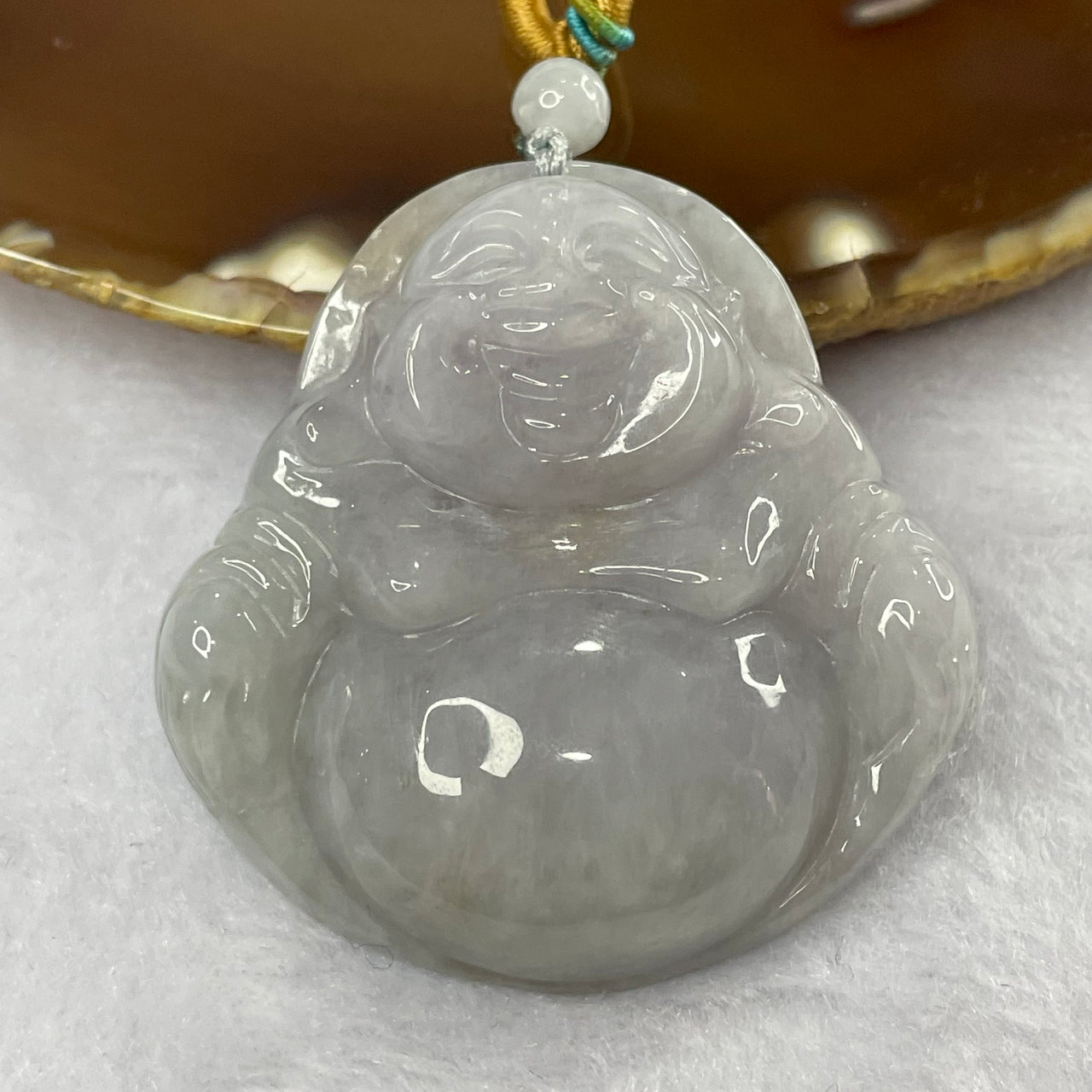 Type A Lavender, Green and Yellow Jade Jadeite Milo Buddha Pendant - 48.04g 48.8 by 48.2 by 11.9 mm - Huangs Jadeite and Jewelry Pte Ltd