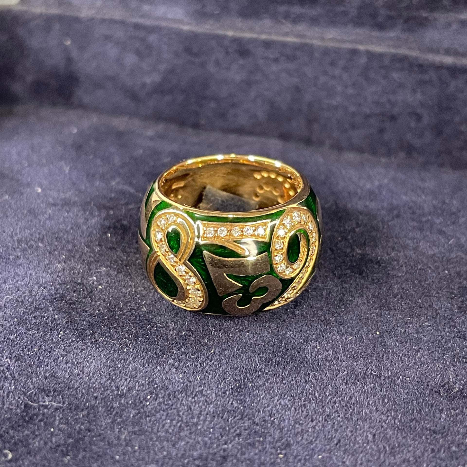 (PRE_LOVE) Rare Authentic Certified Franck Muller 18K Rose Gold Green Enamel Talisman Large with 55 Diamonds Total 0.38 cts Ring Model ET-RL02/G #10 Size 9 HK10 US4.75 Metal 5N Dated 24 Dec 2005 - Huangs Jadeite and Jewelry Pte Ltd