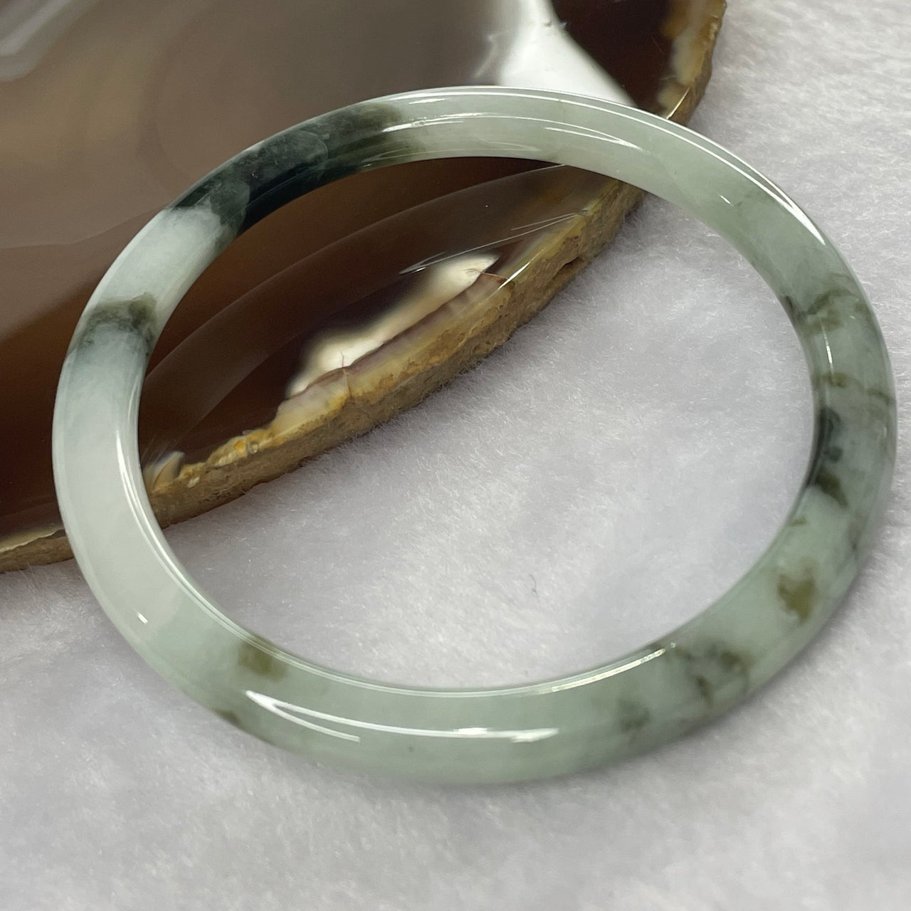 Type A Faint Green with Moss Green Patches Jade Jadeite Bangle 19.81g inner Dia 54.5mm 5.6 by 6.2mm (Internal Lines) - Huangs Jadeite and Jewelry Pte Ltd