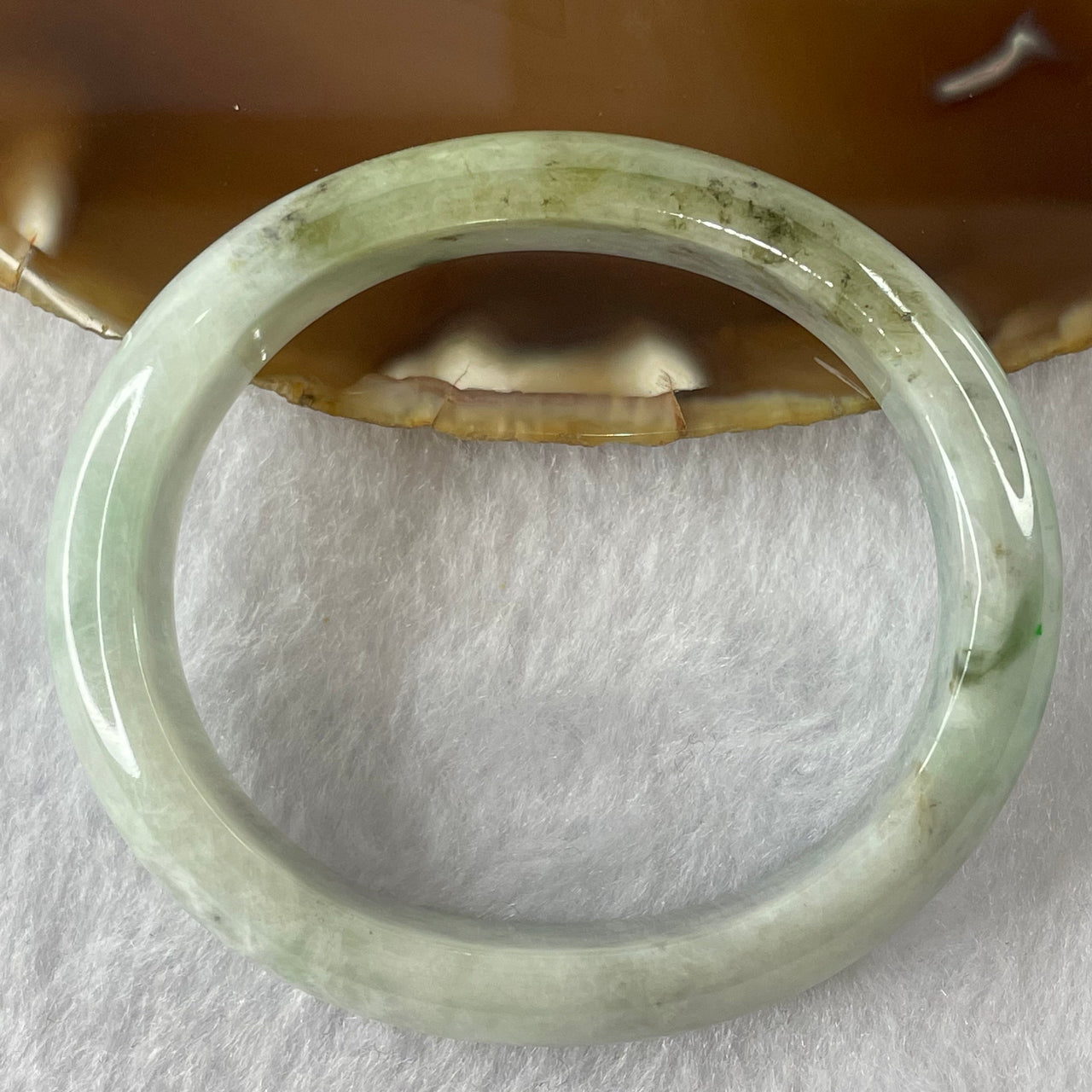 Type A Green with Grey and Yellow Patches Jade Jadeite Oval Bangle 47.60g inner Dia 53.3mm 14.0 by 7.1mm (Internal Lines) - Huangs Jadeite and Jewelry Pte Ltd