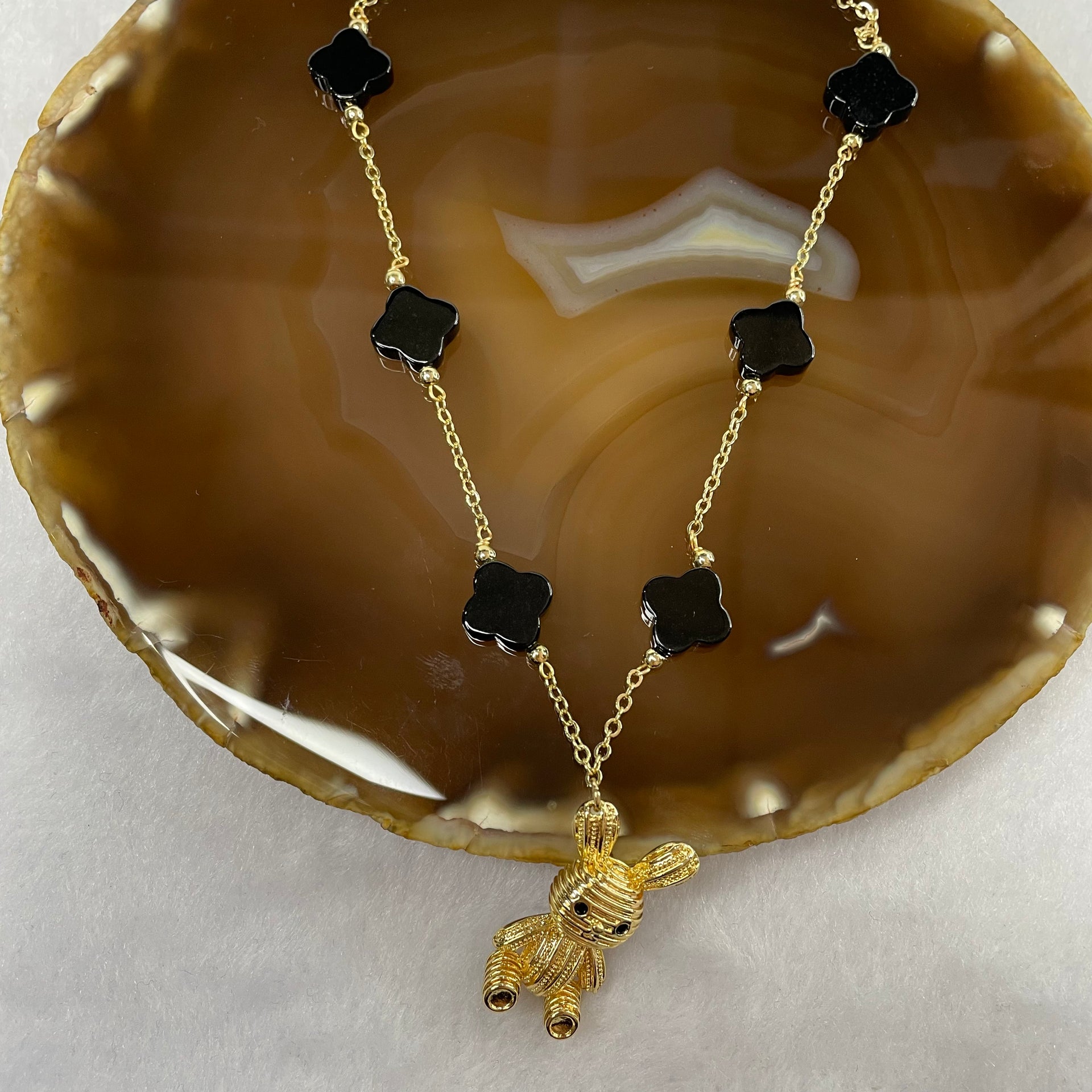 Type A Black Jade Jadeite Clover 14K Gold Filled Necklace with Rabbit Charm - 13.62g 12.0 by 12.0 by 3.8mm/Clover 6 Clovers - Huangs Jadeite and Jewelry Pte Ltd