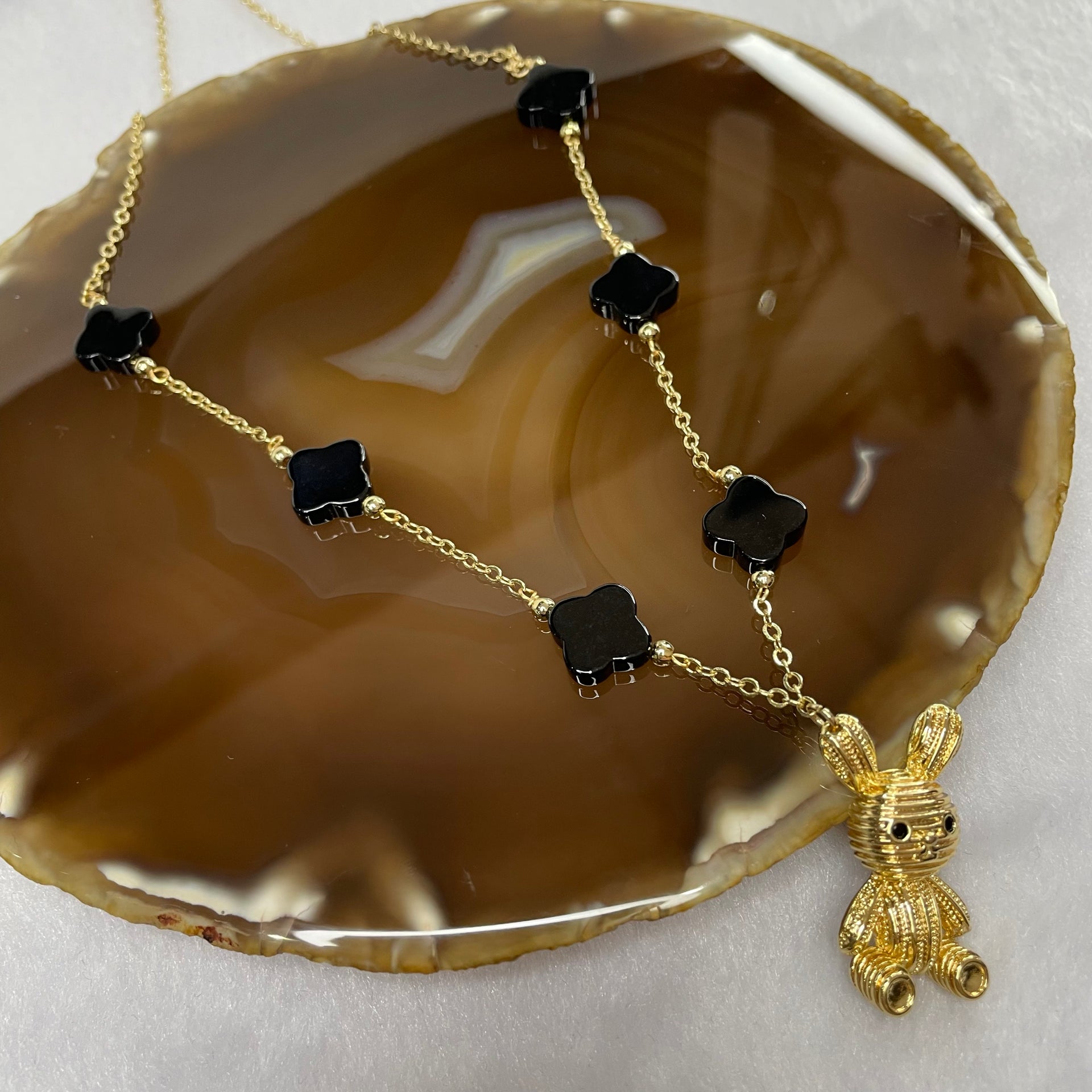 Type A Black Jade Jadeite Clover 14K Gold Filled Necklace with Rabbit Charm - 13.62g 12.0 by 12.0 by 3.8mm/Clover 6 Clovers - Huangs Jadeite and Jewelry Pte Ltd