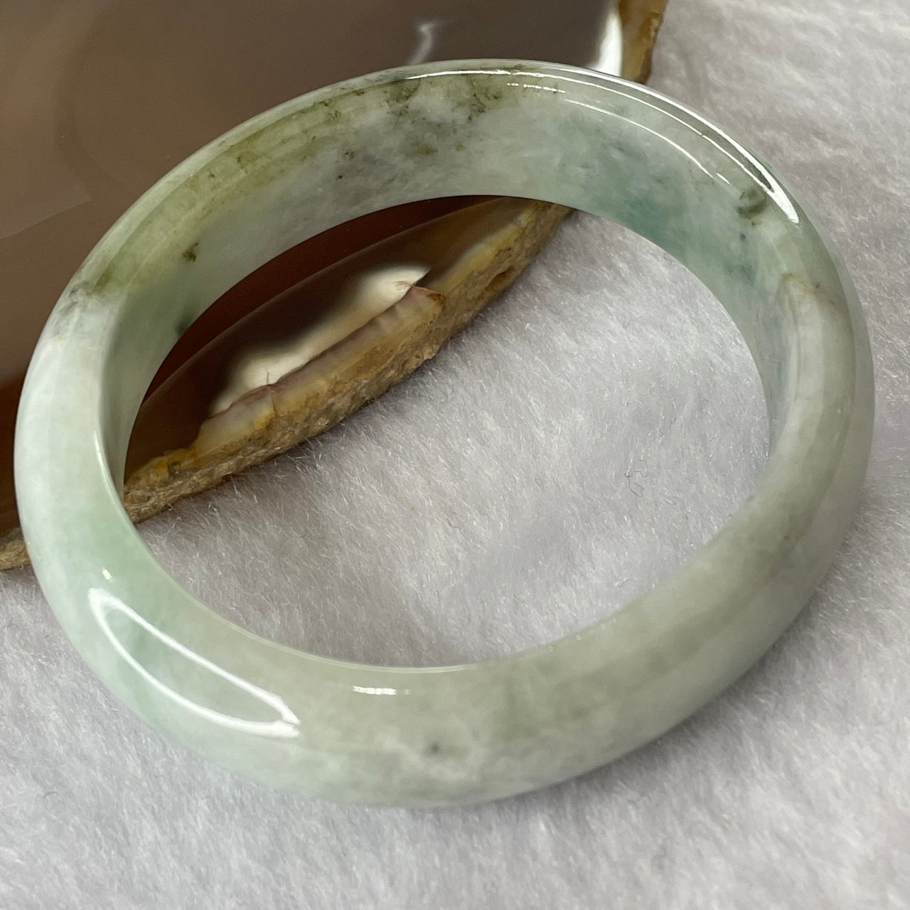 Type A Green with Grey and Yellow Patches Jade Jadeite Oval Bangle 47.60g inner Dia 53.3mm 14.0 by 7.1mm (Internal Lines) - Huangs Jadeite and Jewelry Pte Ltd