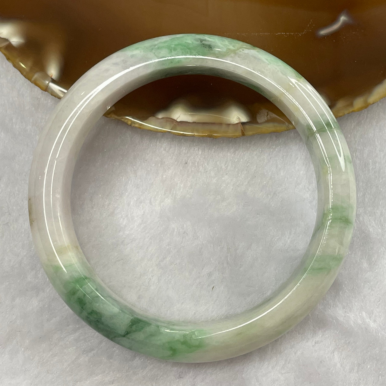 Type A Faint Lavender with Spicy Green and Yellow Patches Jade Jadeite Bangle 67.36g inner Dia 58.6mm 14.5 by 8.0mm (External Line) - Huangs Jadeite and Jewelry Pte Ltd