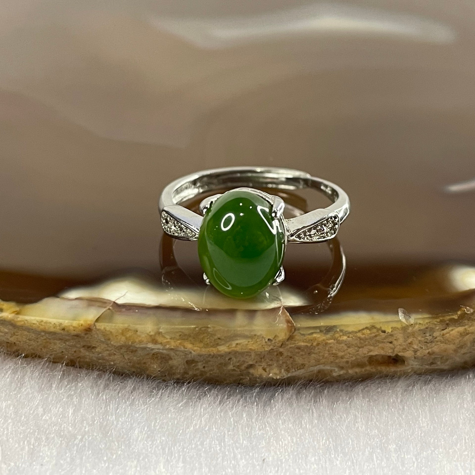 Natural Green Nephrite 925 Silver Ring Size Adjustable - 2.25g 9.8 by 8.0 by 5.7 mm - Huangs Jadeite and Jewelry Pte Ltd