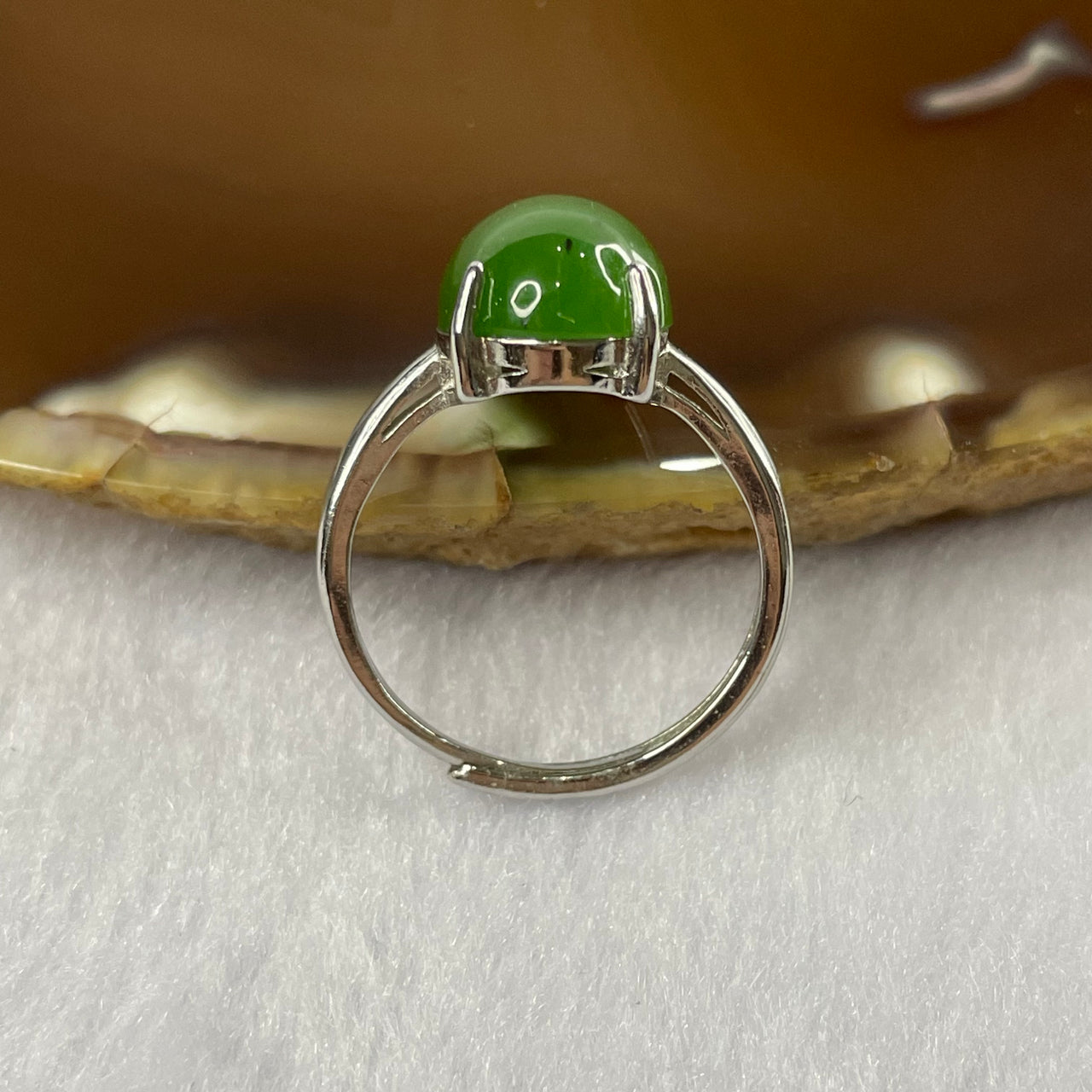 Natural Green Nephrite 925 Silver Ring Size Adjustable - 2.97g 14.0 by 10.0 by 6.0 mm - Huangs Jadeite and Jewelry Pte Ltd