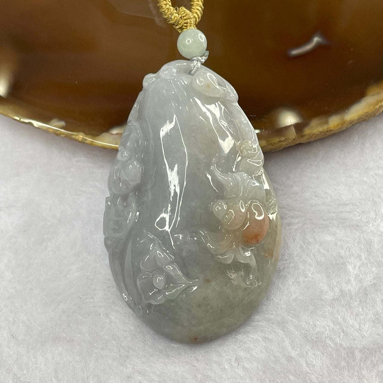 Type A Lavender and Red Jade Jadeite Fertility Gourd with Bat and Prosperity Spider - 49.64g 60.0 by 37.5 by 13.1mm - Huangs Jadeite and Jewelry Pte Ltd