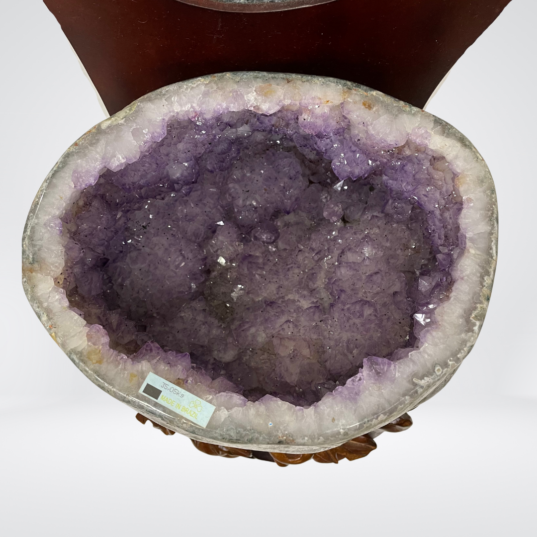 Rare Full Agage Skin Natural Amethyst Display Wooden Stand Wealth Pot with Cover - 5kg x 29.9kg x 19.7kg 815 by 305 by 405mm - Huangs Jadeite and Jewelry Pte Ltd