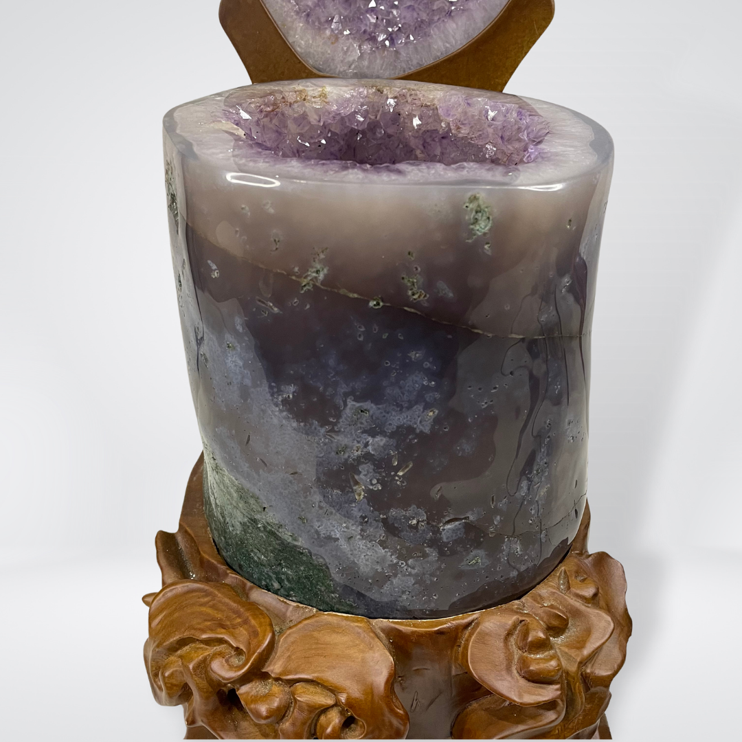 Rare Full Agate without Cement Natural Amethyst with Calcite Display Wooden Stand Wealth Pot - 12.3kg 470 by 180 by 160mm - Huangs Jadeite and Jewelry Pte Ltd