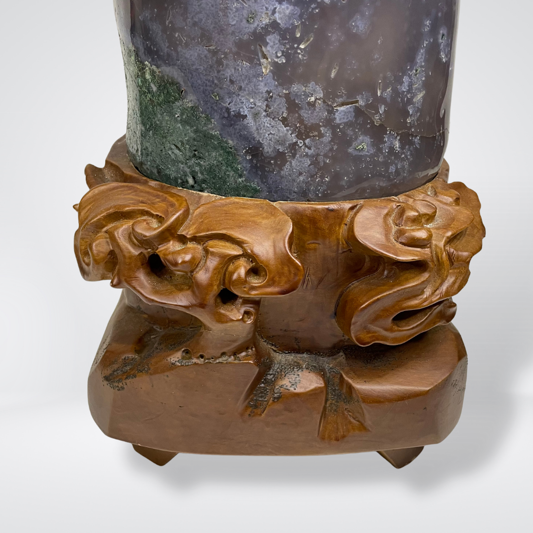 Rare Full Agate without Cement Natural Amethyst with Calcite Display Wooden Stand Wealth Pot - 12.3kg 470 by 180 by 160mm - Huangs Jadeite and Jewelry Pte Ltd