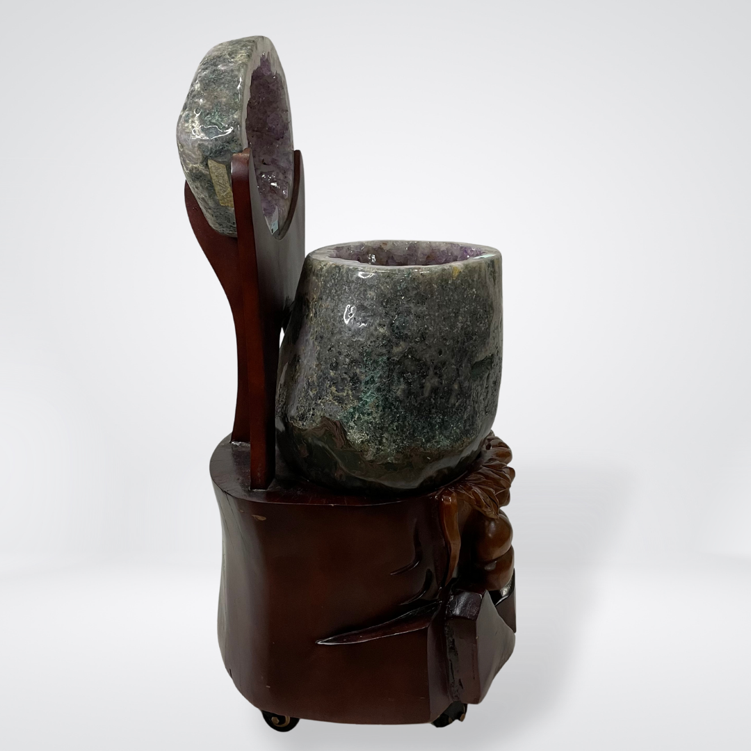 Rare Full Agage Skin Natural Amethyst Display Wooden Stand Wealth Pot with Cover - 5kg x 29.9kg x 19.7kg 815 by 305 by 405mm - Huangs Jadeite and Jewelry Pte Ltd