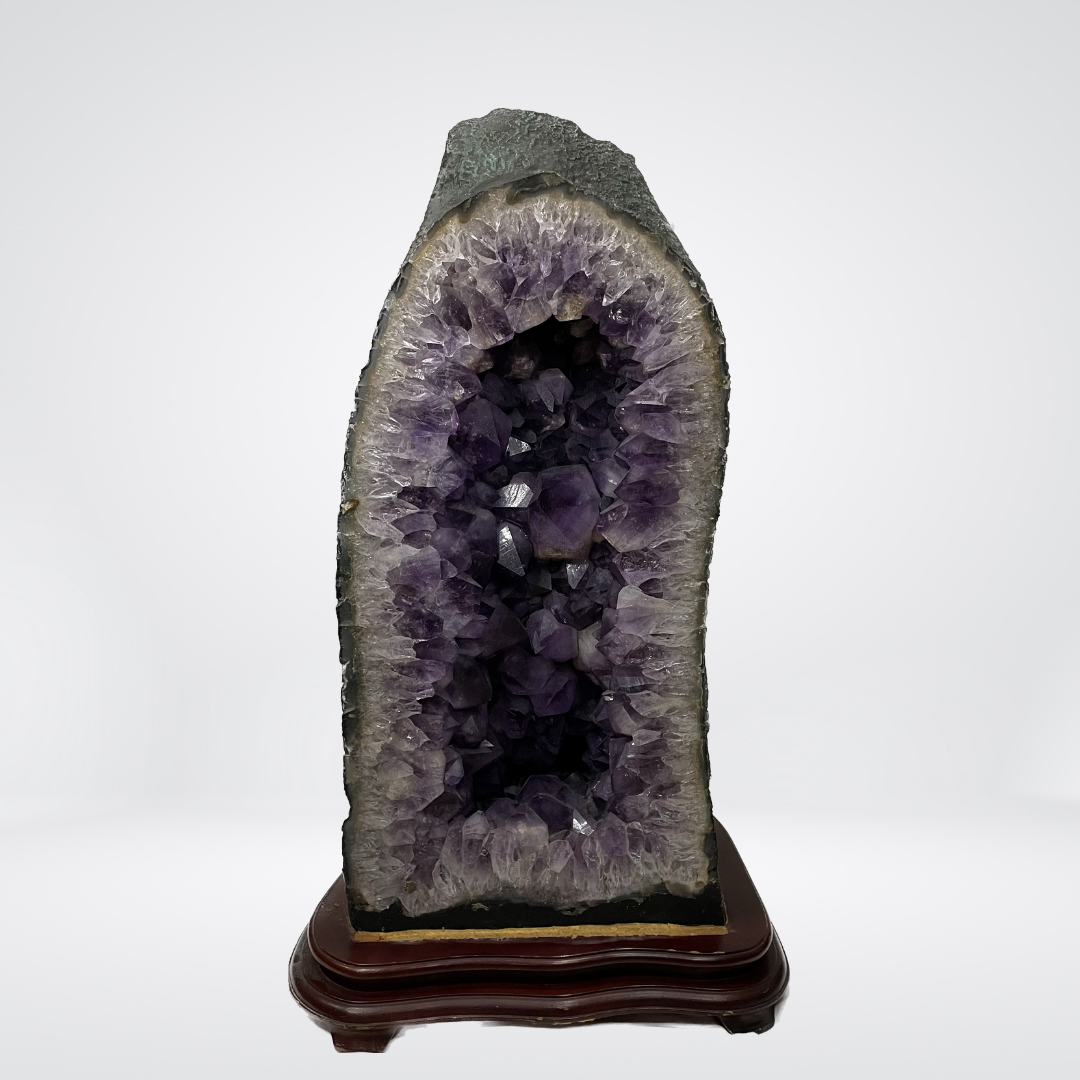 Thick Large Crystal Brazil Natural Amethyst Display Wooden Stand - 78.6kg 815 by 445 by 420mm - Huangs Jadeite and Jewelry Pte Ltd