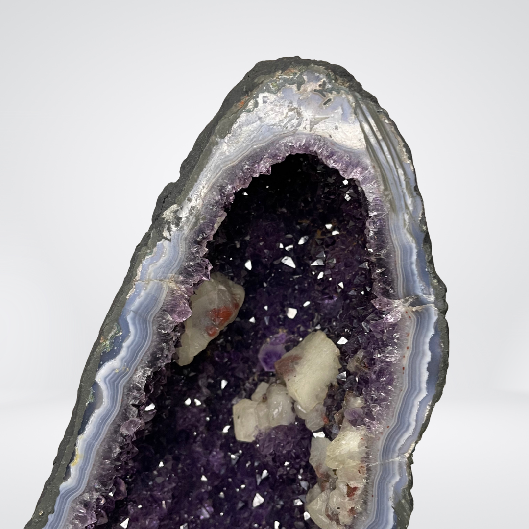 Rare 1 Piece Matching Natural Amethyst with Calcite Display Pair with Wooden Stand to Accumulate and StoreWealth - 17.3kg - Huangs Jadeite and Jewelry Pte Ltd