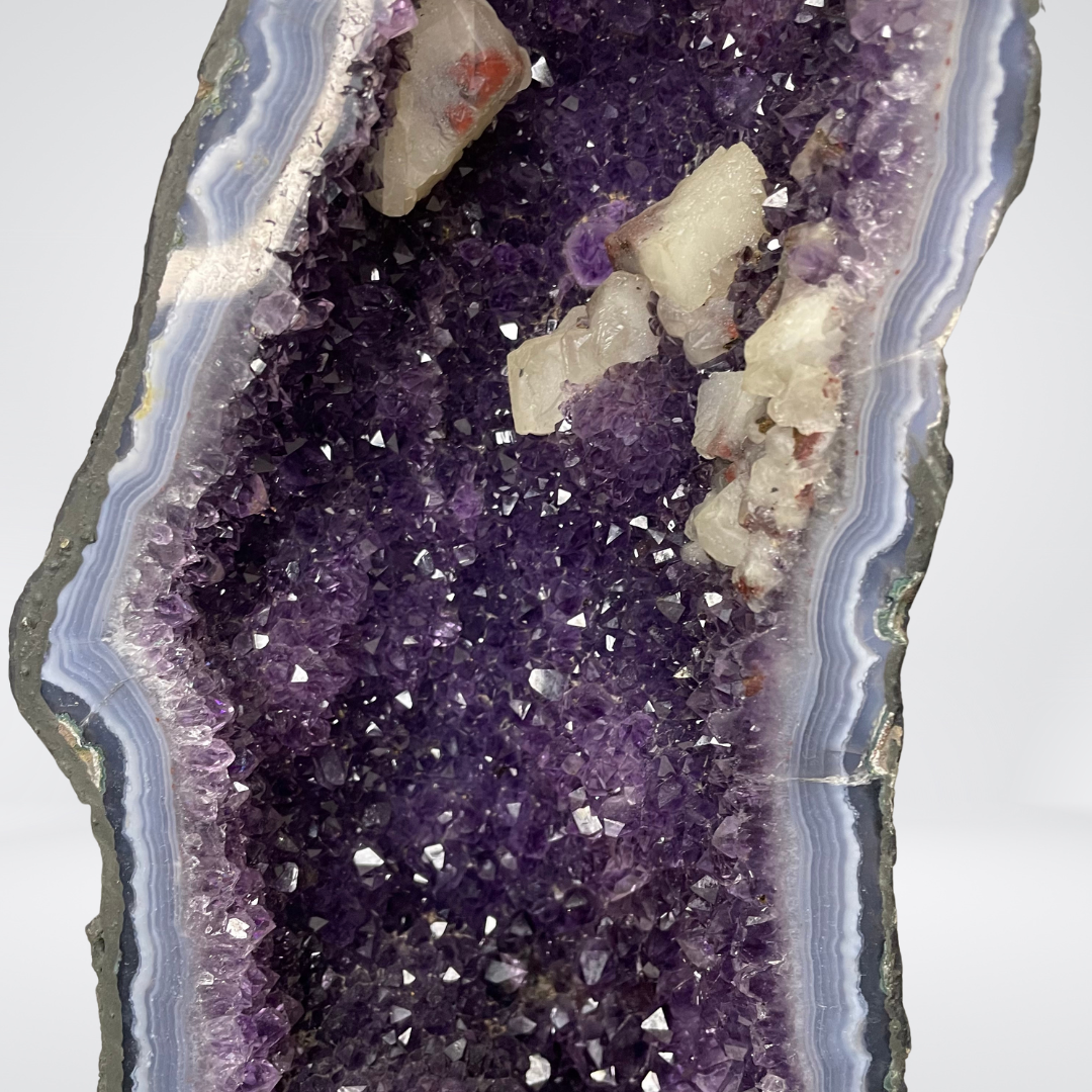 Rare 1 Piece Matching Natural Amethyst with Calcite Display Pair with Wooden Stand to Accumulate and StoreWealth - 17.3kg - Huangs Jadeite and Jewelry Pte Ltd