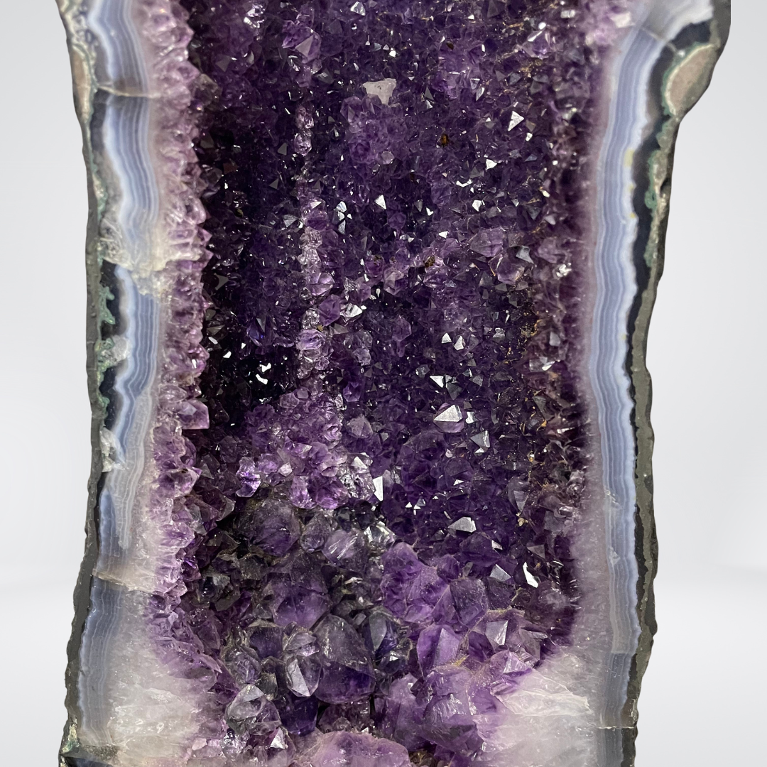 Rare 1 Piece Matching Natural Amethyst with Calcite Display Pair with Wooden Stand to Accumulate and StoreWealth - 17.3kg - Huangs Jadeite and Jewelry Pte Ltd