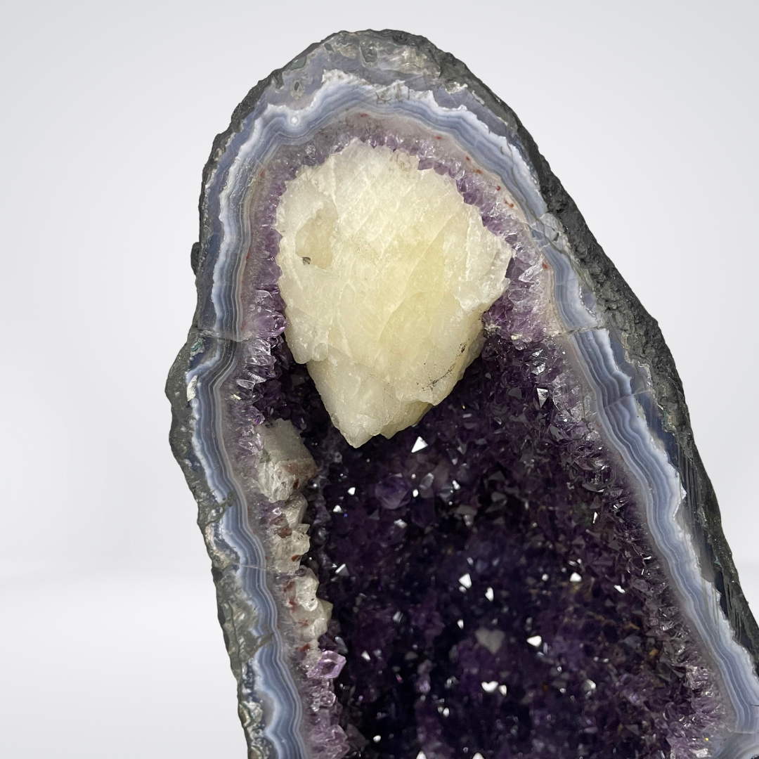 Rare 1 Piece Matching Natural Amethyst with Calcite Display Pair with Wooden Stand to Accumulate and StoreWealth - 17.3kg - Huangs Jadeite and Jewelry Pte Ltd