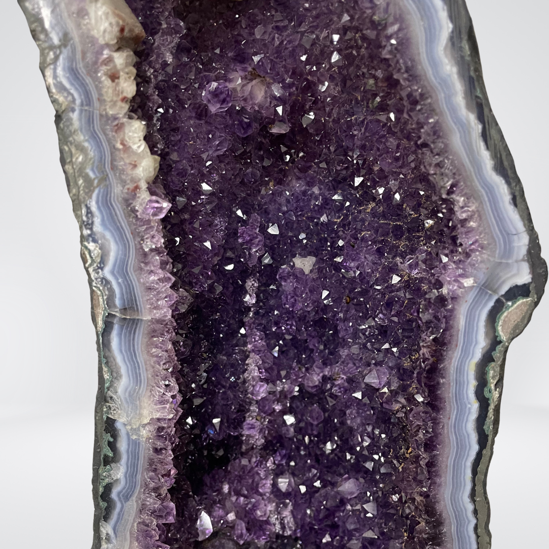 Rare 1 Piece Matching Natural Amethyst with Calcite Display Pair with Wooden Stand to Accumulate and StoreWealth - 17.3kg - Huangs Jadeite and Jewelry Pte Ltd