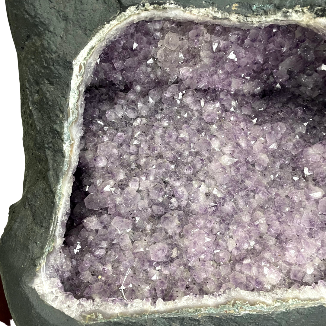 Natural Double Mountain Amethyst Cave Display Wooden Stand for Ultimate Wealth and Prosperity - 41.9kg 420 by 485 by 385mm - Huangs Jadeite and Jewelry Pte Ltd