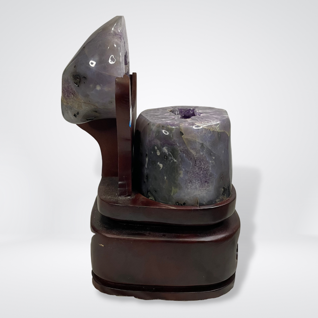 SOLID Rare Full Agate Skin without Cement Natural Amethyst Display Wooden Stand Wealth Pot - 16.5kg 410 by 220 by 210mm - Huangs Jadeite and Jewelry Pte Ltd