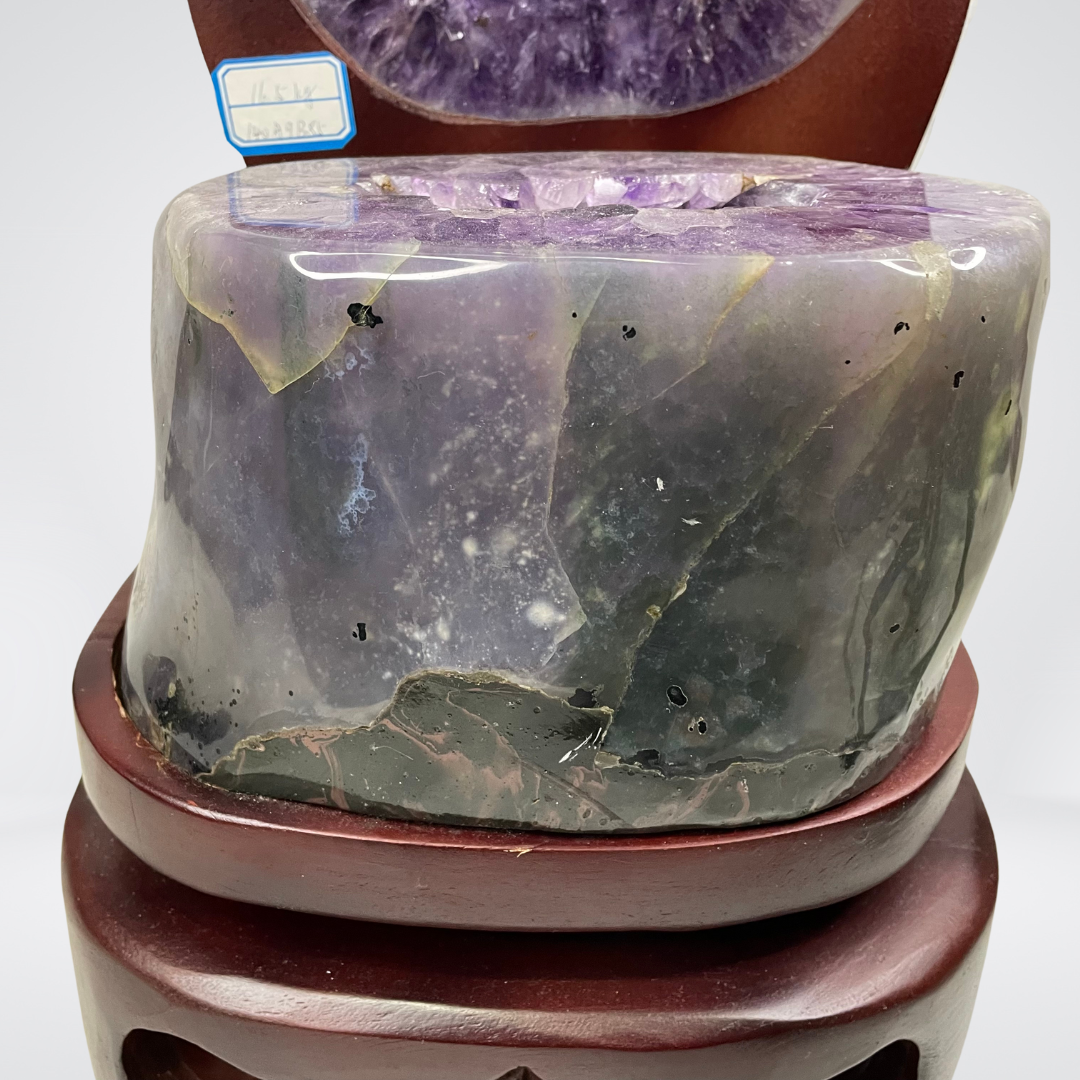 SOLID Rare Full Agate Skin without Cement Natural Amethyst Display Wooden Stand Wealth Pot - 16.5kg 410 by 220 by 210mm - Huangs Jadeite and Jewelry Pte Ltd