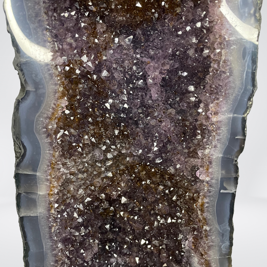 Special Natural Amethyst with Golden Rutile and Silver Particles Display Pair with Wooden Stand - 25.1kg - Huangs Jadeite and Jewelry Pte Ltd