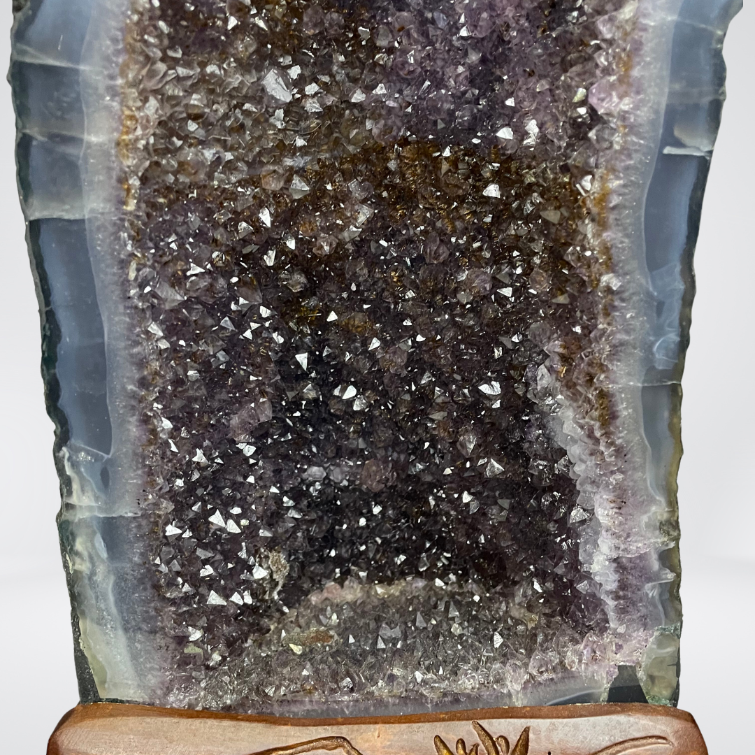 Special Natural Amethyst with Golden Rutile and Silver Particles Display Pair with Wooden Stand - 25.1kg - Huangs Jadeite and Jewelry Pte Ltd