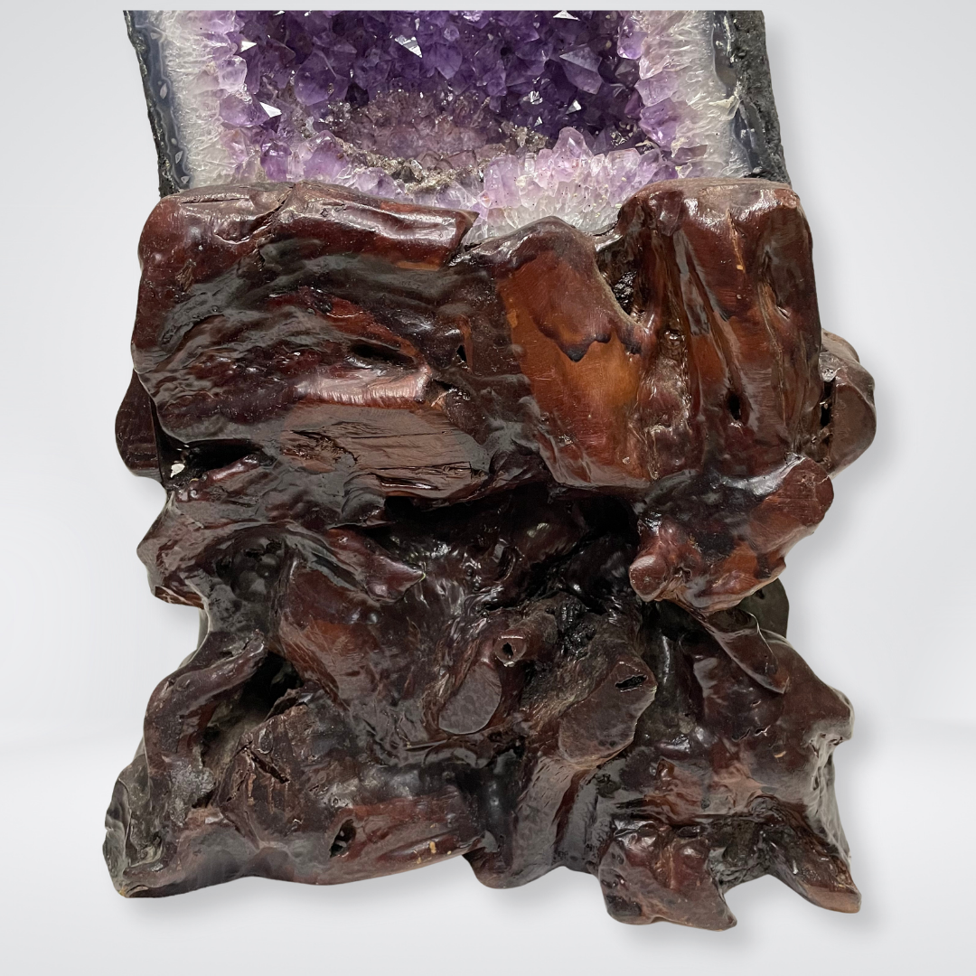 Unique Natural Amethyst with Silver Crystal at the bottom as Treasurers Gold Display Wooden Stand - 49.0kg 1020 by 310 by 330mm - Huangs Jadeite and Jewelry Pte Ltd