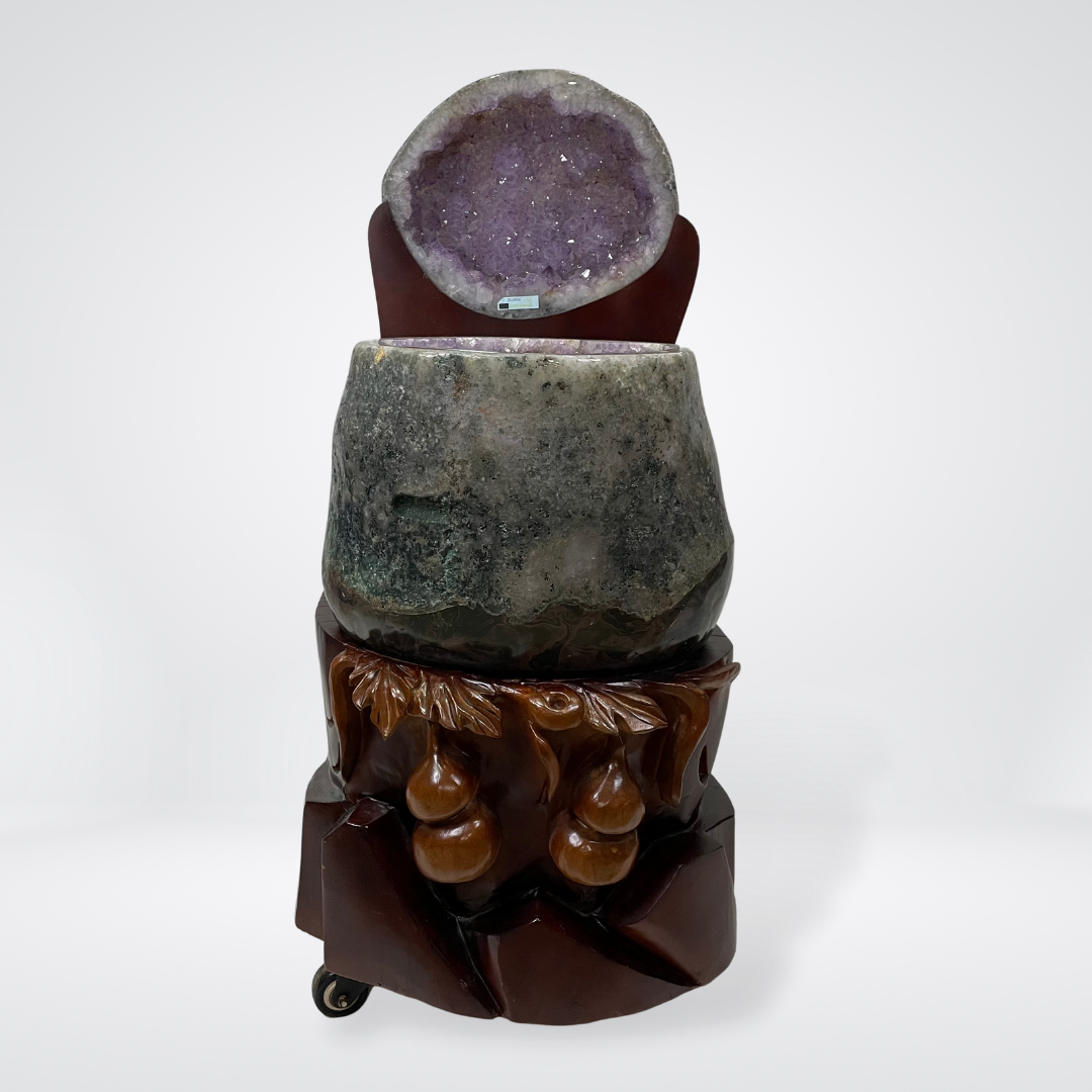 Rare Full Agage Skin Natural Amethyst Display Wooden Stand Wealth Pot with Cover - 5kg x 29.9kg x 19.7kg 815 by 305 by 405mm - Huangs Jadeite and Jewelry Pte Ltd