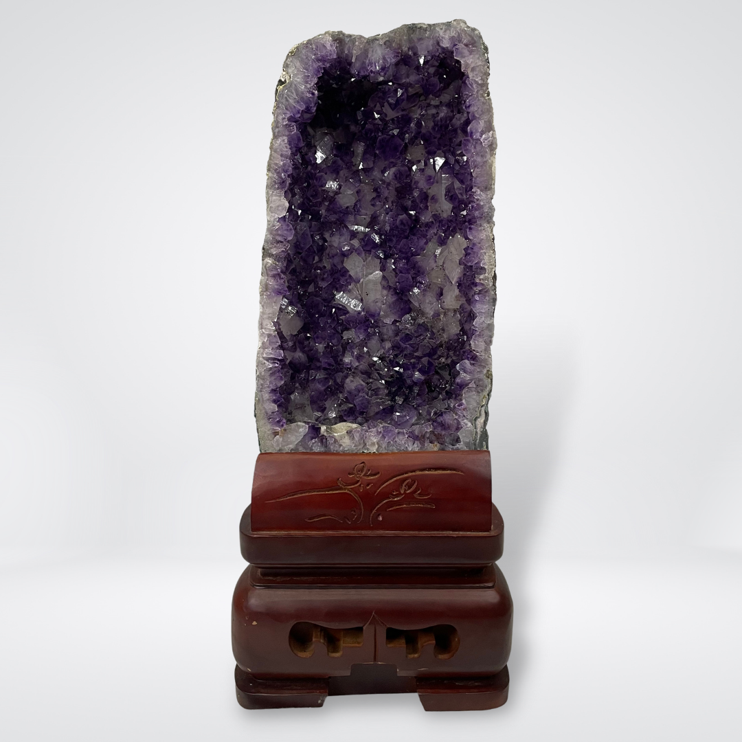 Natural Amethyst with Large Multiple Calcite for Ultimate Prosperity Display Wooden Stand - 14.2kg 660 by 270 by 180mm - Huangs Jadeite and Jewelry Pte Ltd