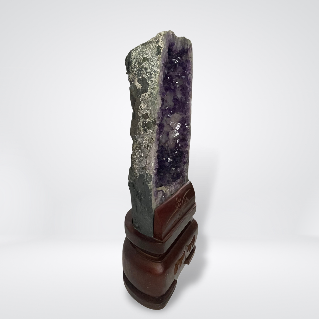 Natural Amethyst with Large Multiple Calcite for Ultimate Prosperity Display Wooden Stand - 14.2kg 660 by 270 by 180mm - Huangs Jadeite and Jewelry Pte Ltd